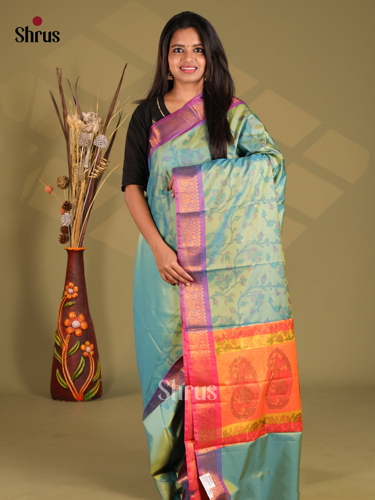 Blue & Orange - Semi Pochampally Saree