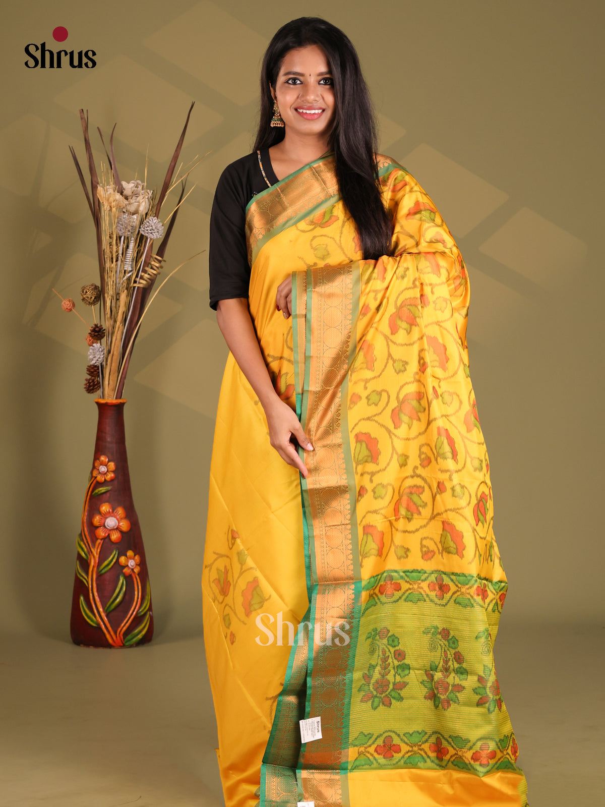 Yellow & Green - Semi Pochampally Saree - Shop on Shrus.com