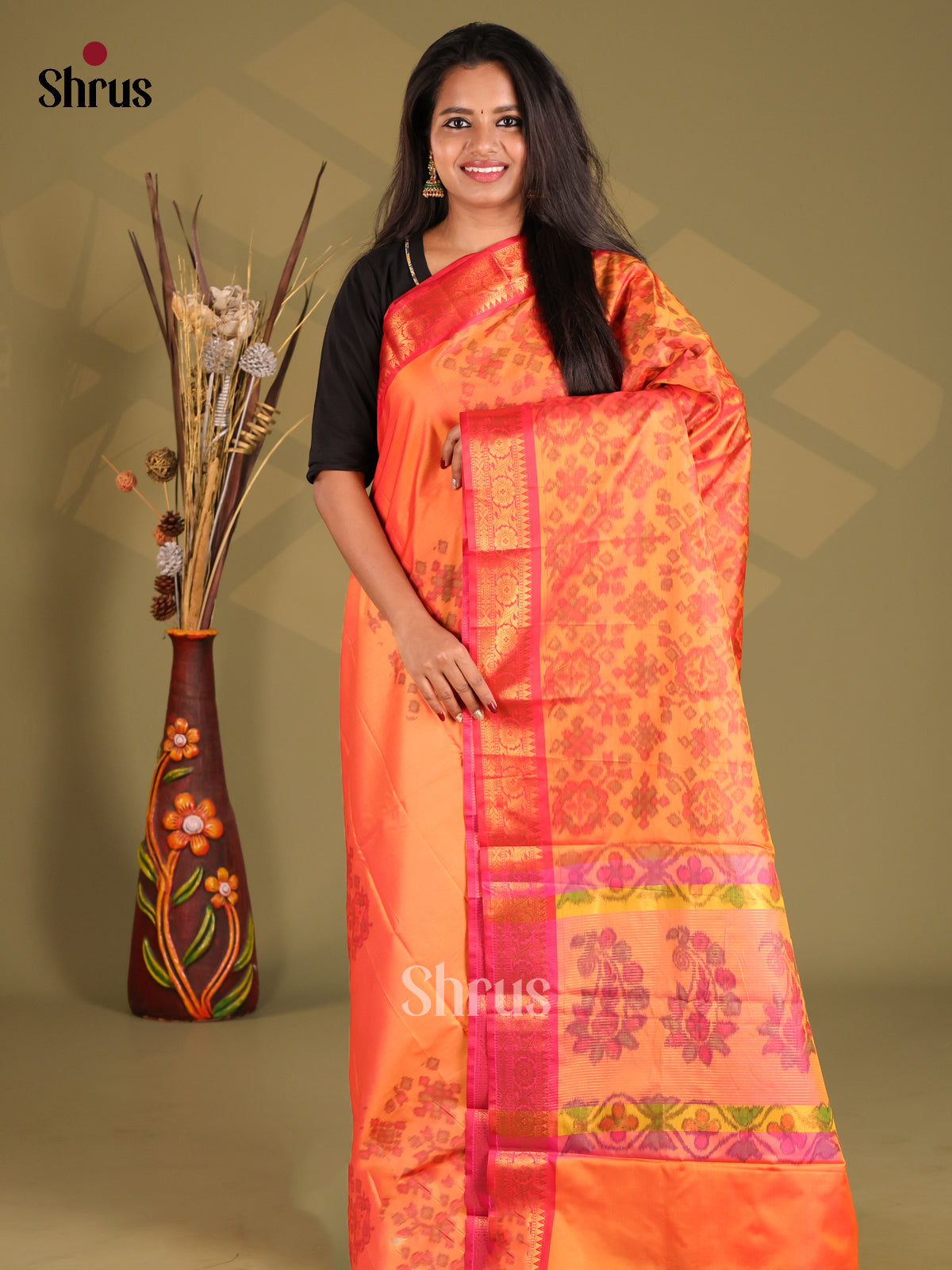 Orange & Pink - Semi Pochampally Saree - Shop on Shrus.com