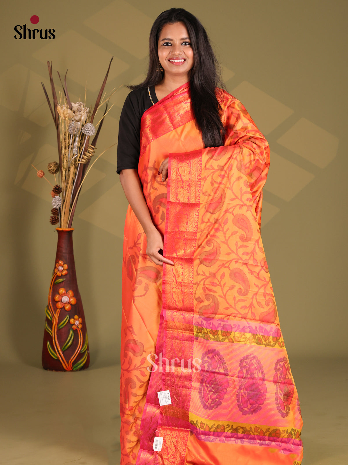 Orange & Pink- Semi Pochampally Saree - Shop on Shrus.com