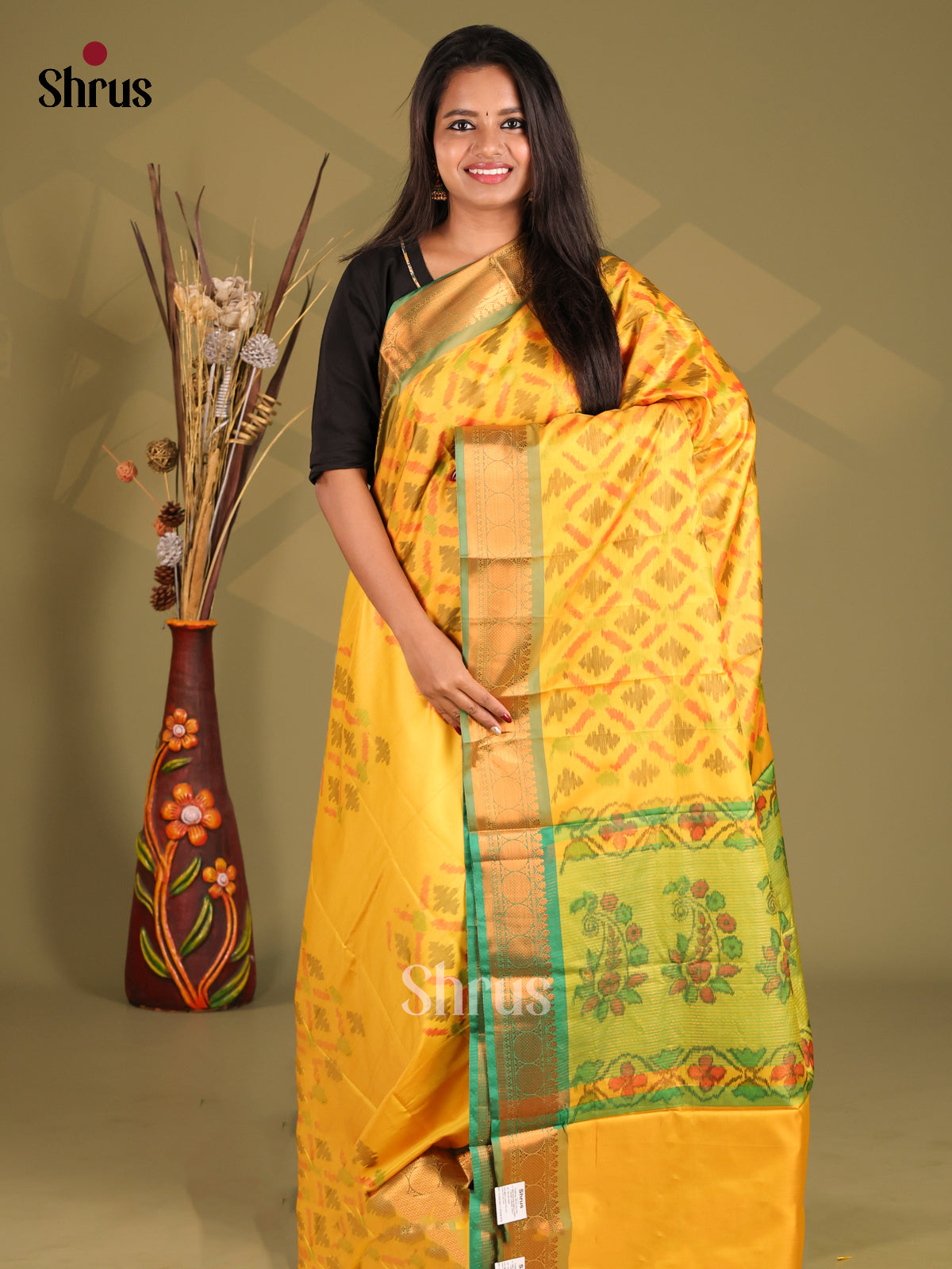 Yellow & Green- Semi Pochampally Saree - Shop on Shrus.com