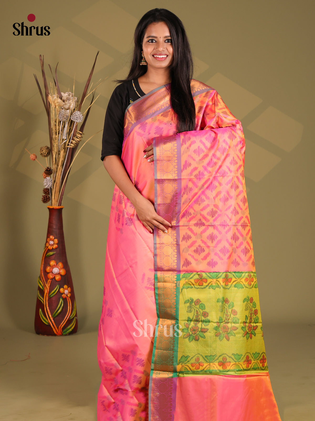 Pink & Green- Semi Pochampally Saree - Shop on Shrus.com