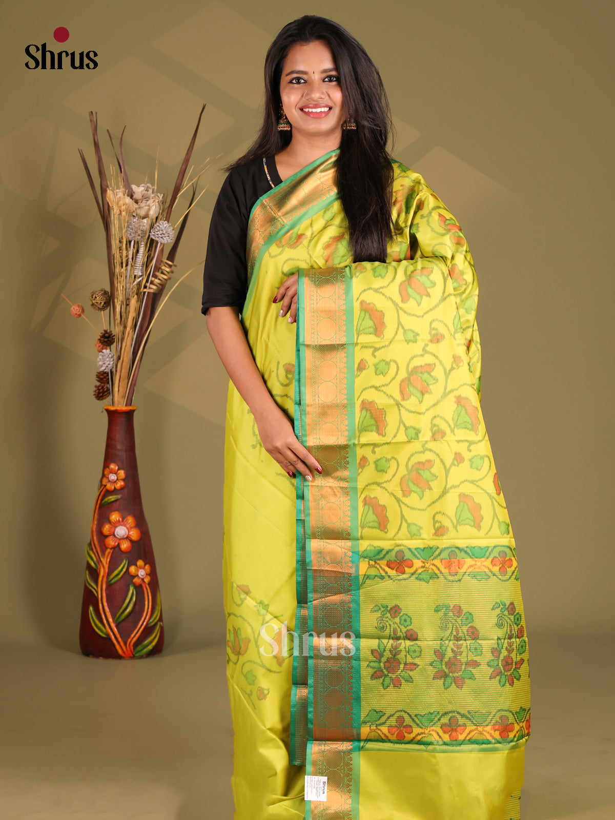 Yellow & Green - Semi Pochampally Saree - Shop on Shrus.com