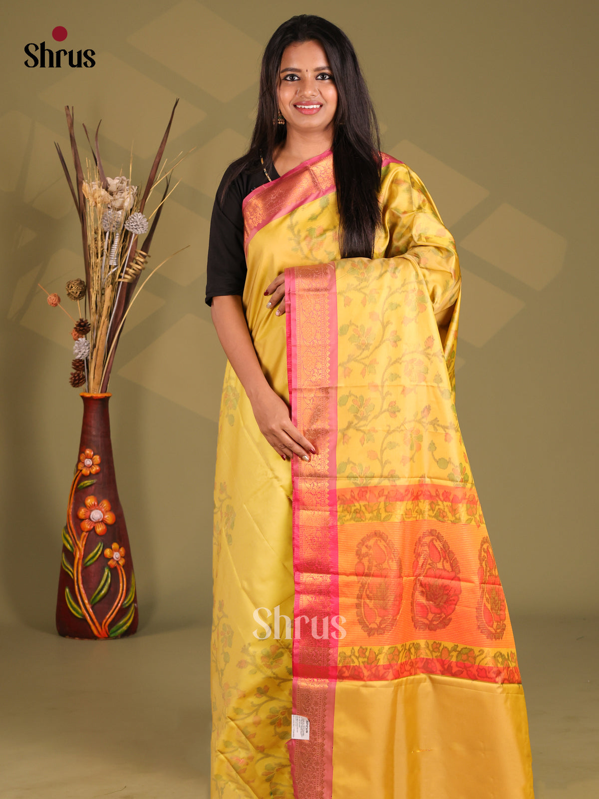 Yellow & Pink- Semi Pochampally Saree - Shop on Shrus.com