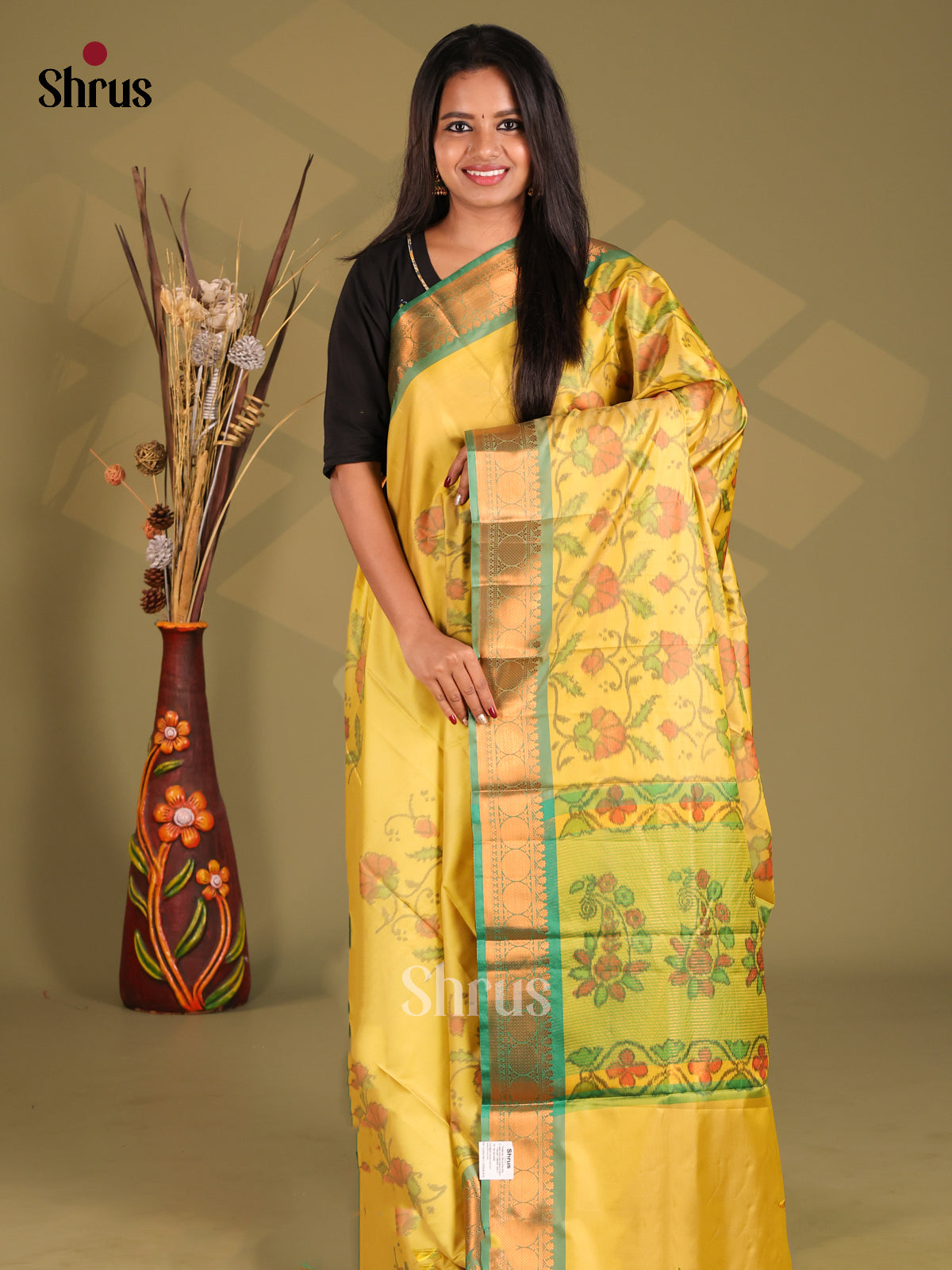 Yellow & Green - Semi Pochampally Saree - Shop on Shrus.com