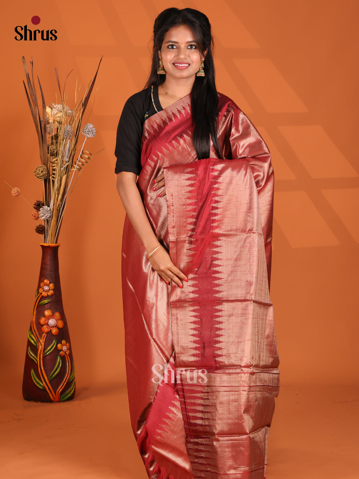 Red- Semi Jute Saree - Shop on Shrus.com