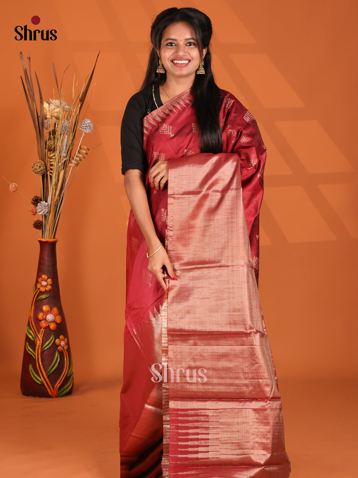 Maroon- Semi Jute Saree - Shop on Shrus.com