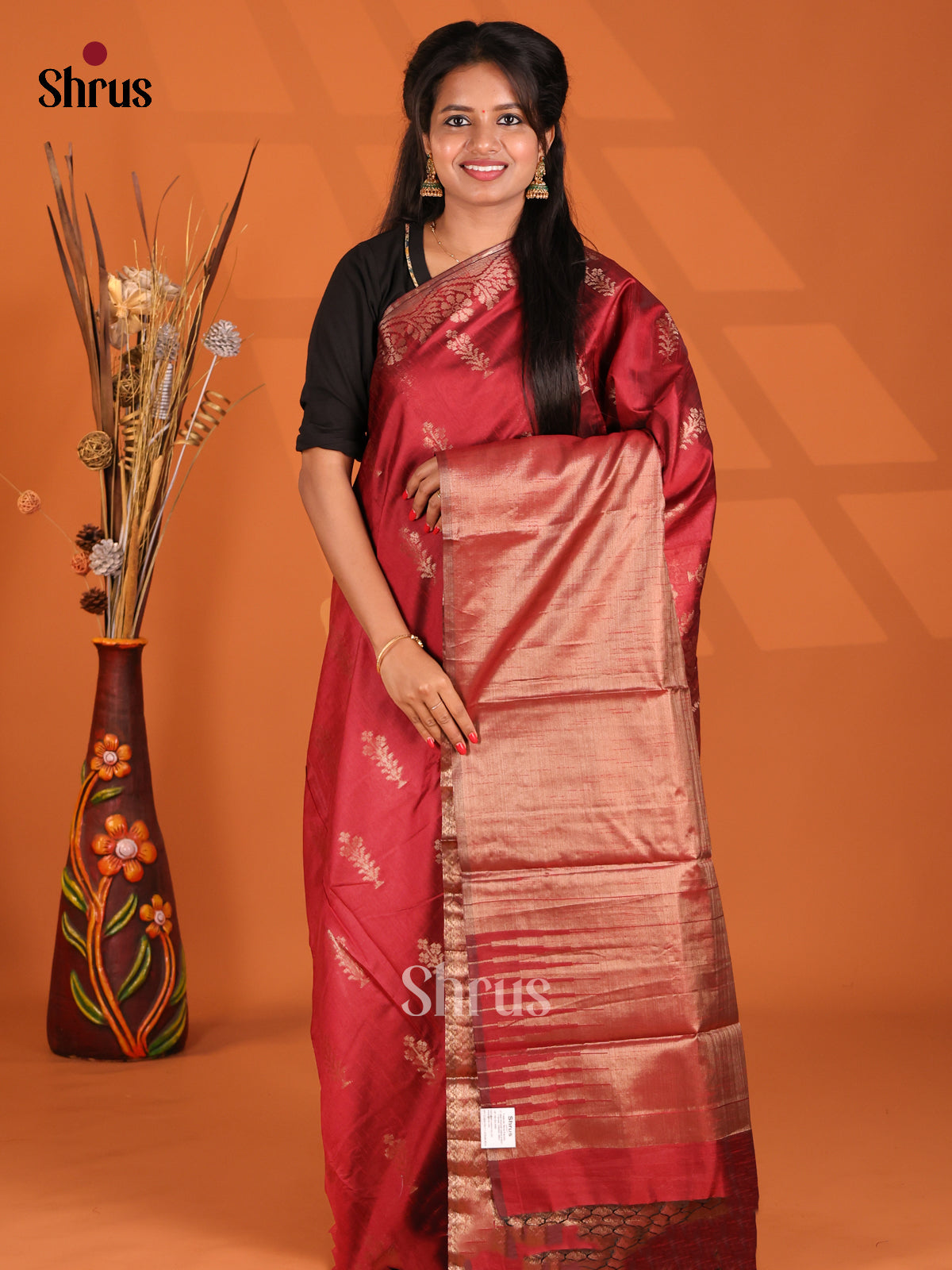 Red - Semi Jute Saree - Shop on Shrus.com