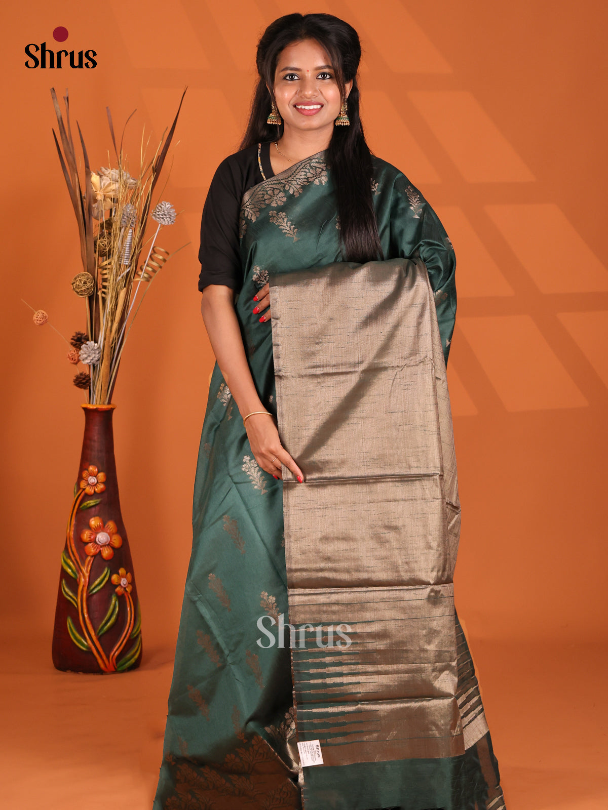 Green - Semi Jute Saree - Shop on Shrus.com