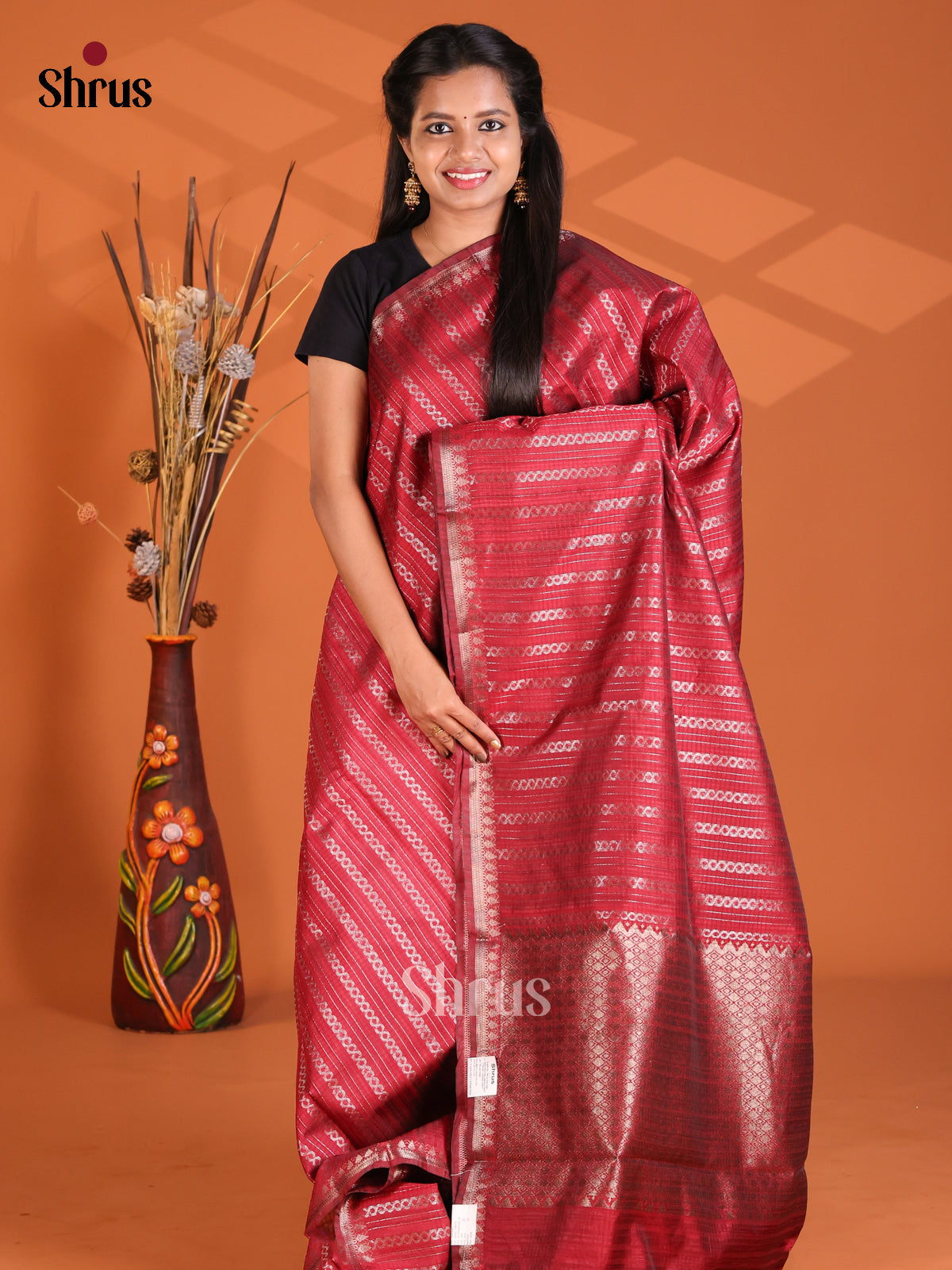 Maroon - Semi Rawsilk Saree - Shop on Shrus.com