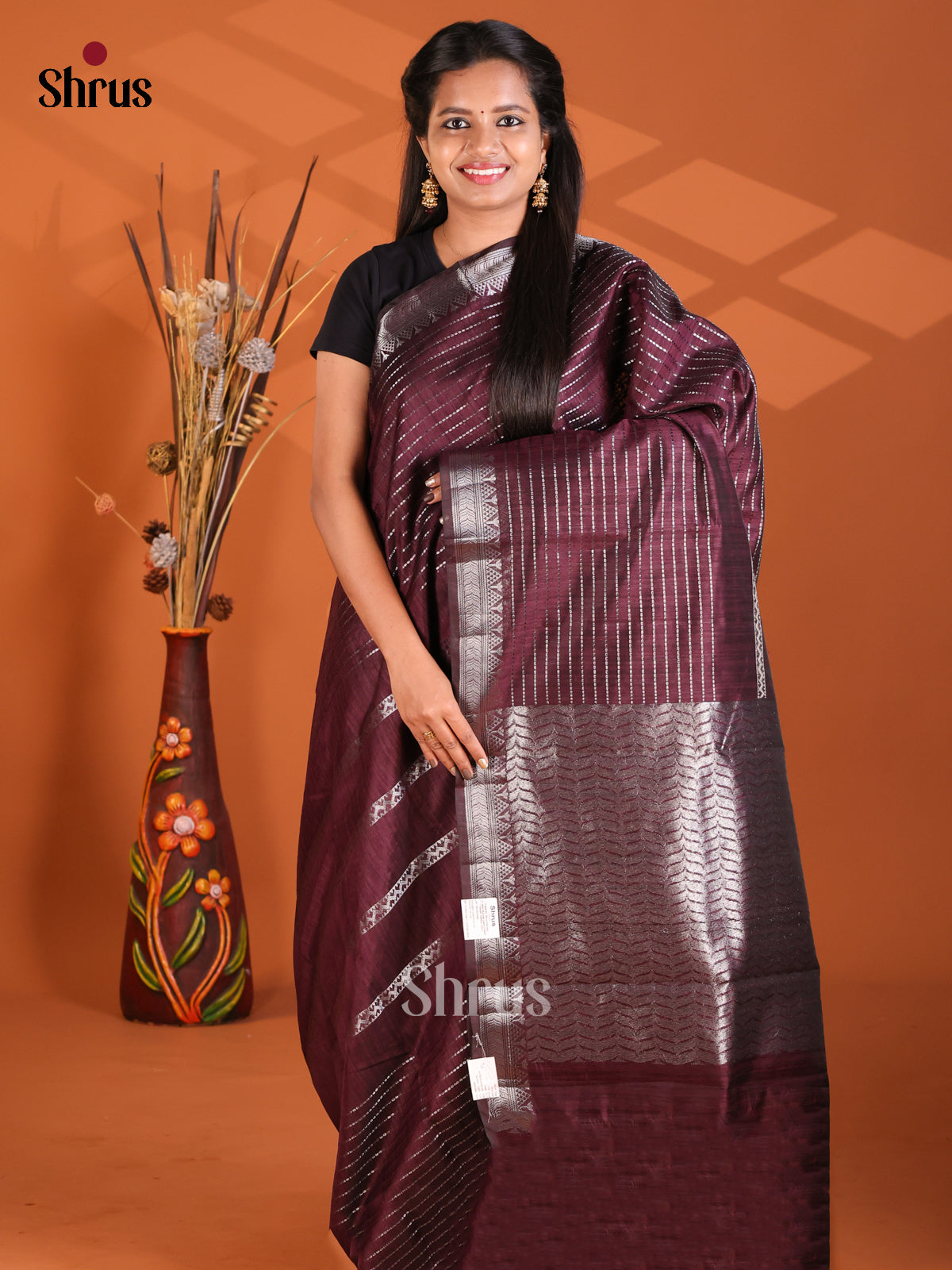 Maroon- Semi Rawsilk Saree - Shop on Shrus.com