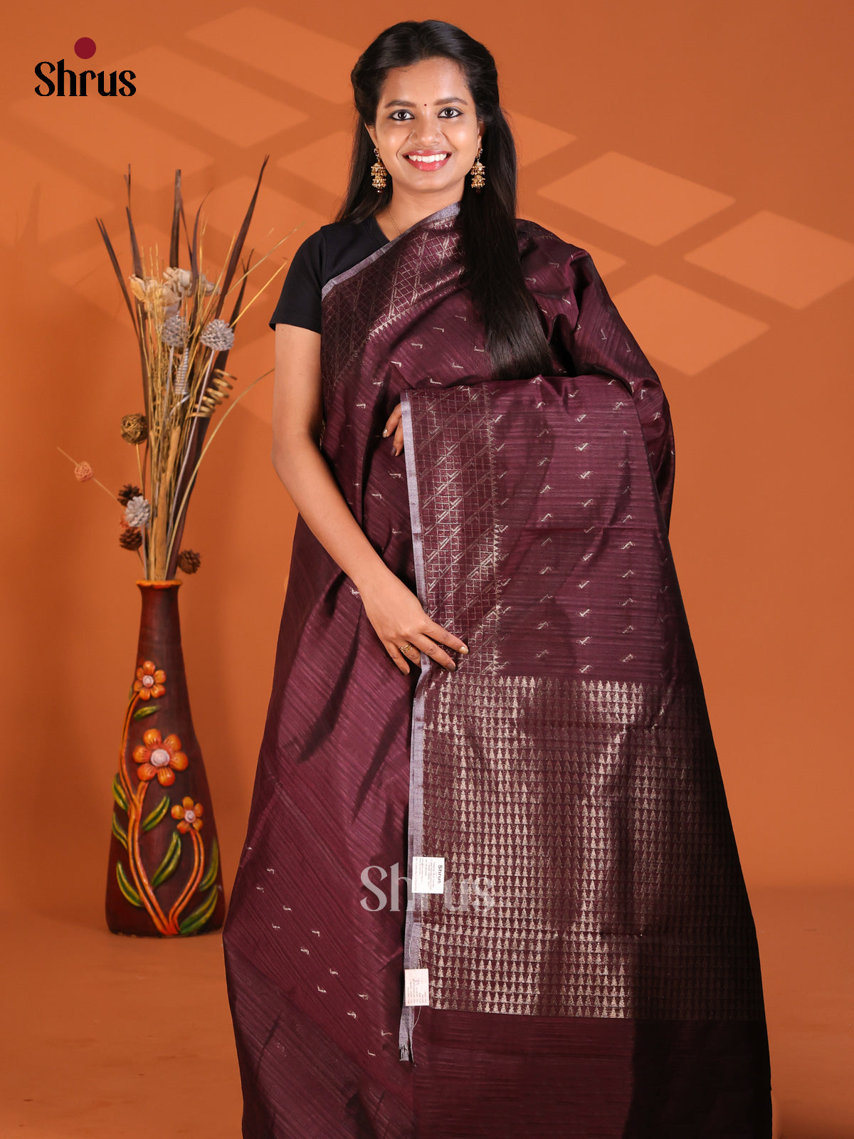 Maroon - Semi Rawsilk Saree - Shop on Shrus.com