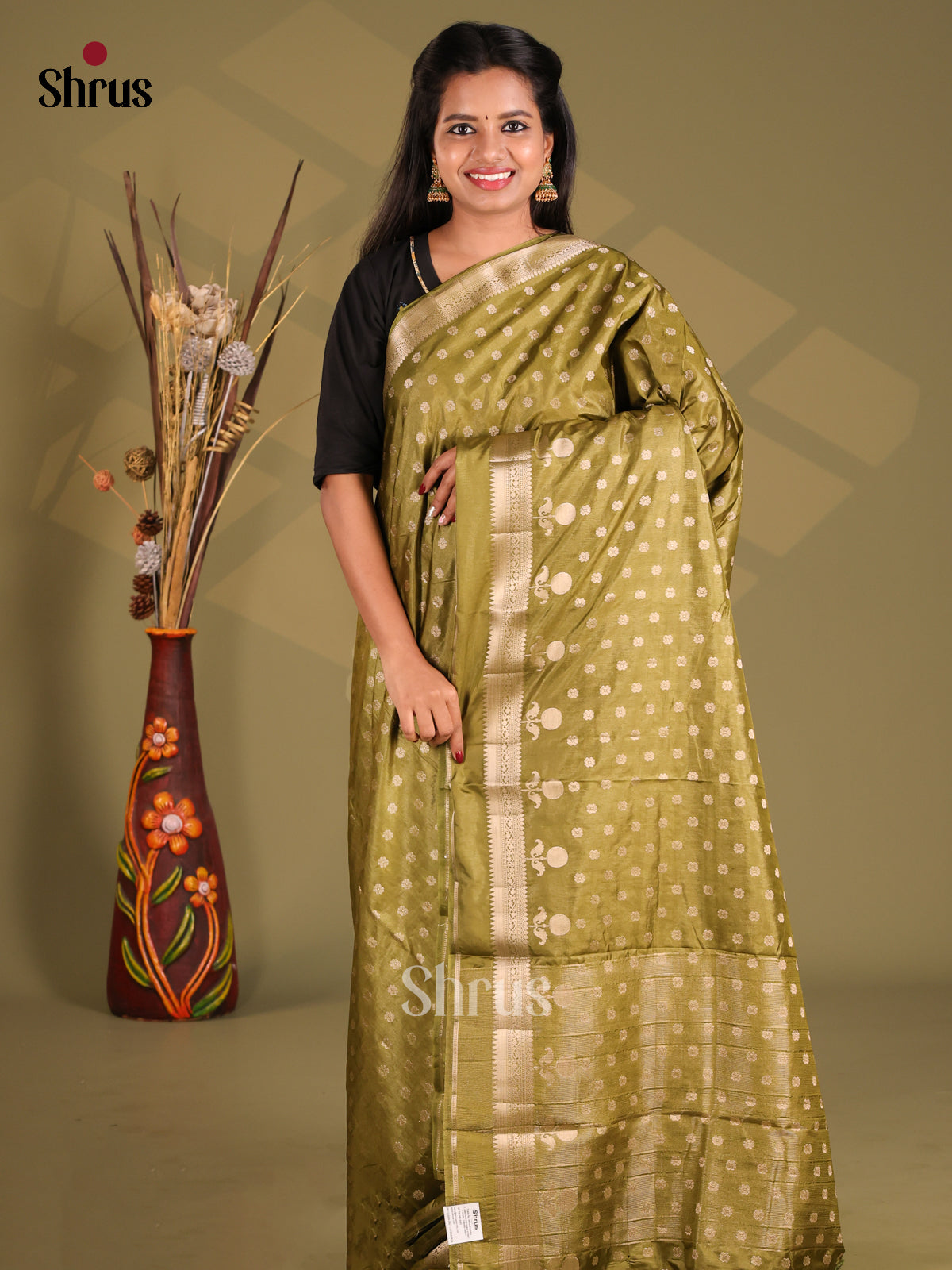 Olive Green - NorthSilk Cotton Saree - Shop on Shrus.com