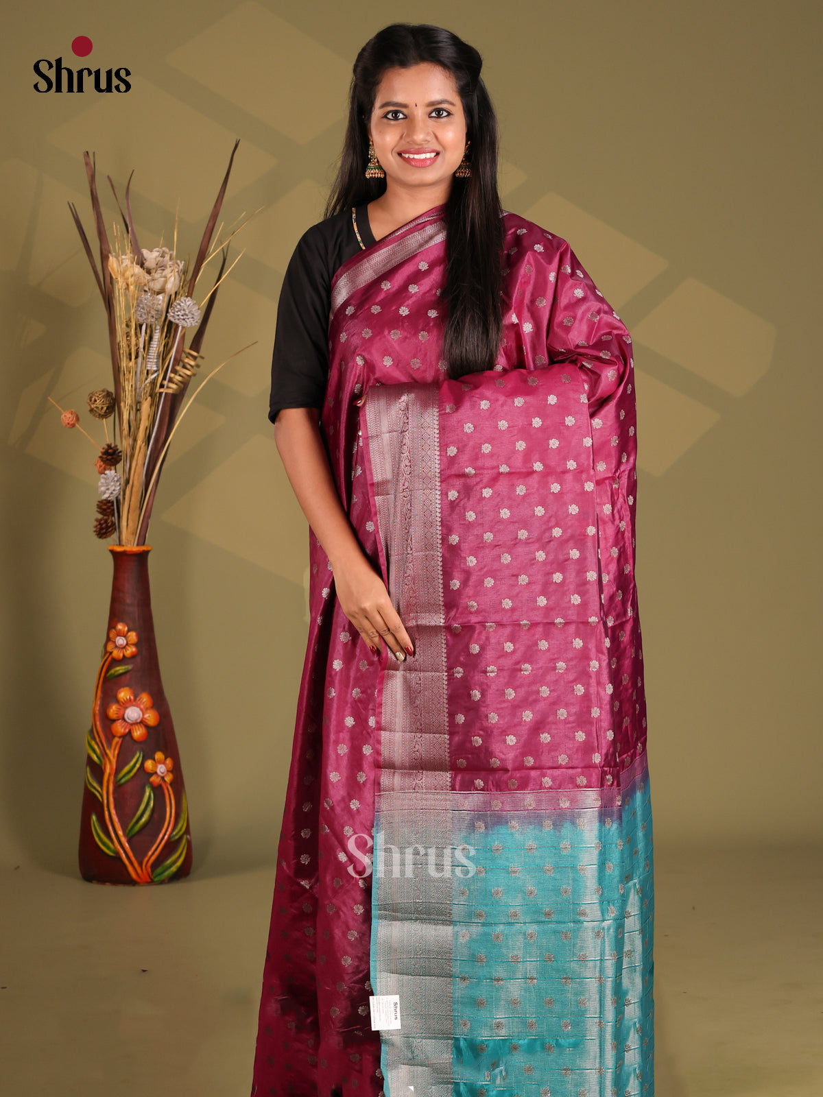 Maroon & Green- NorthSilk Cotton Saree - Shop on Shrus.com