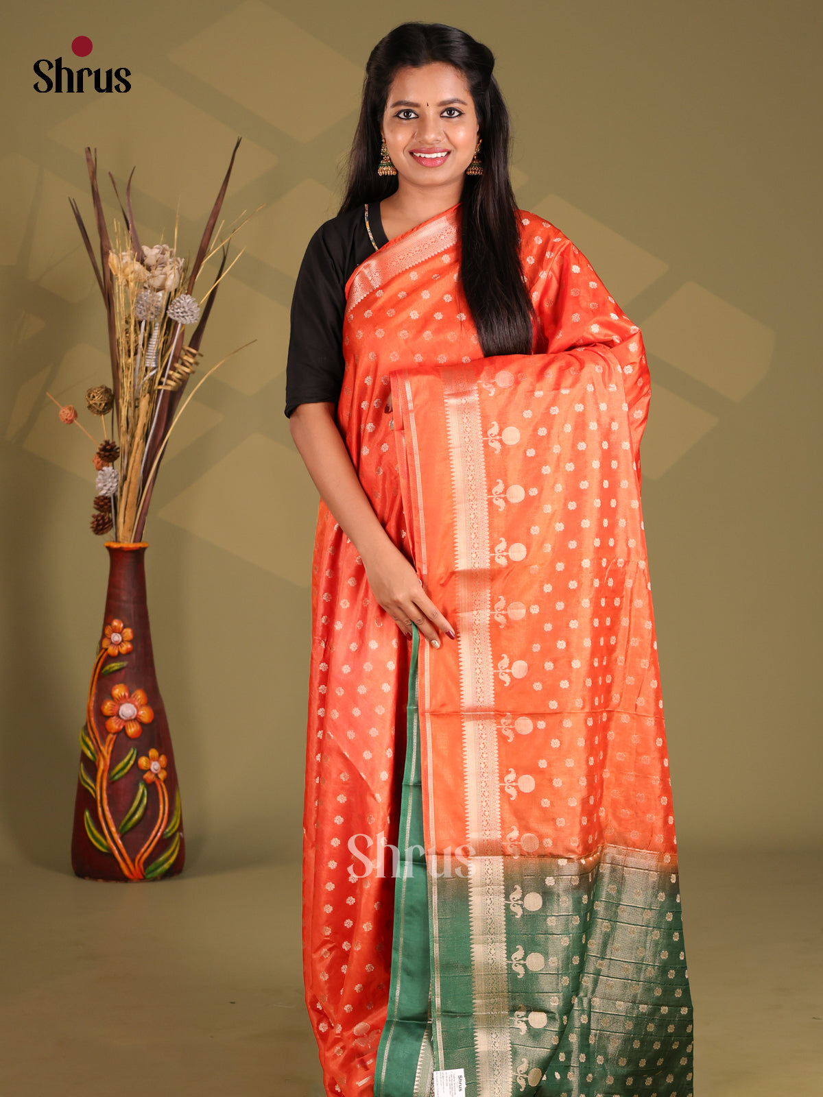 Orange & Green - NorthSilk Cotton Saree - Shop on Shrus.com