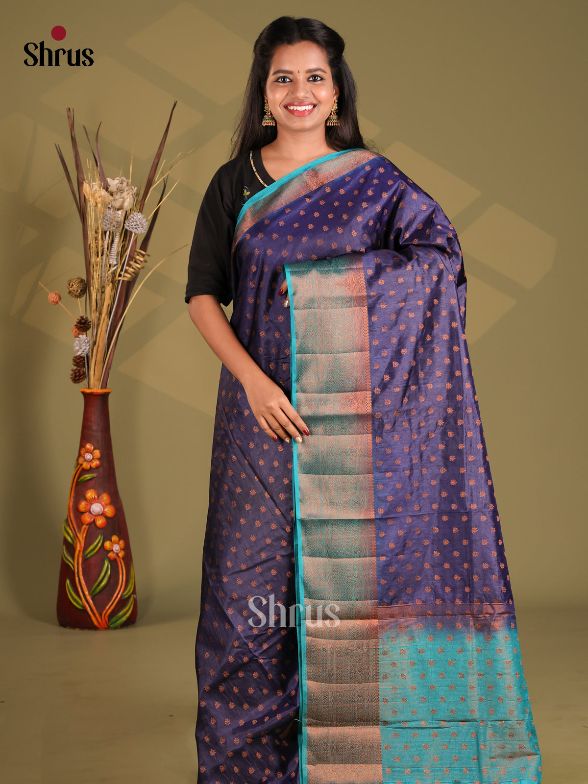 Navy Blue & Teal - NorthSilk Cotton Saree - Shop on Shrus.com