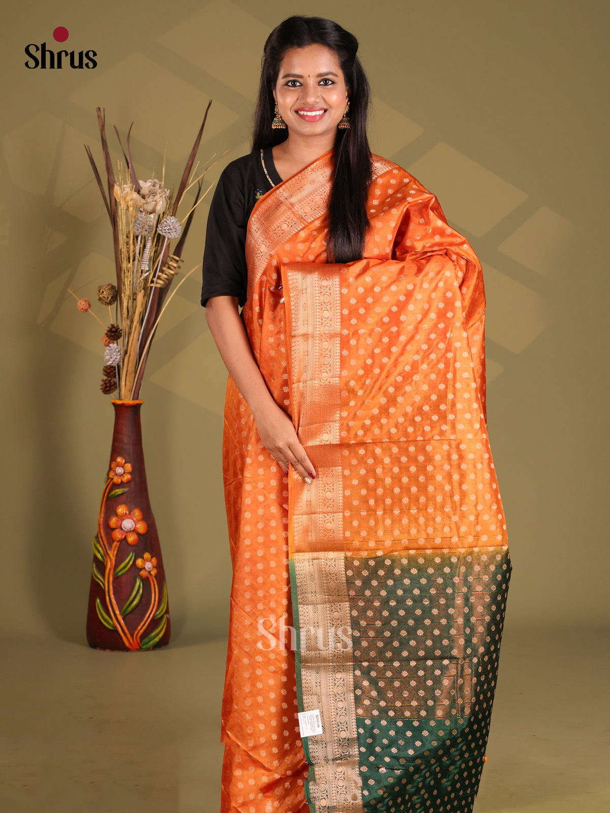 Orange & Green - NorthSilk Cotton Saree - Shop on Shrus.com