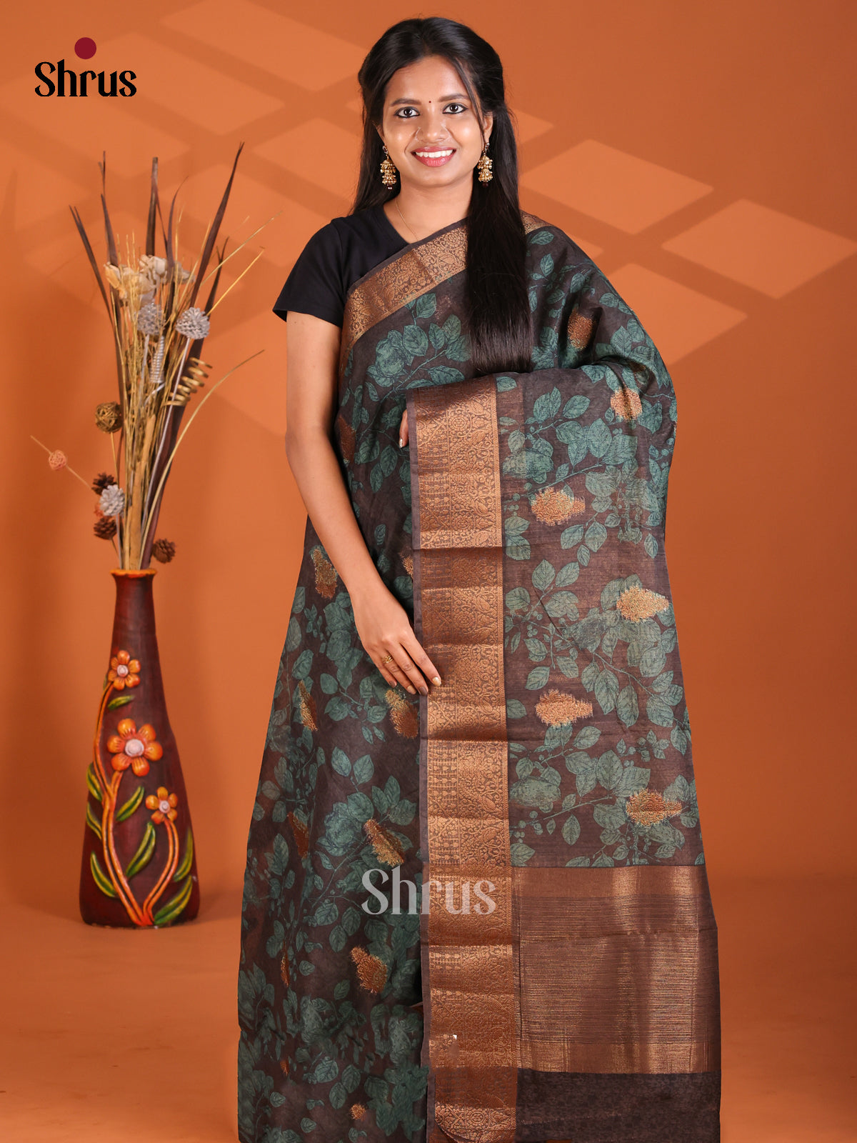 Black & Blue - Semi Linen printed Saree
