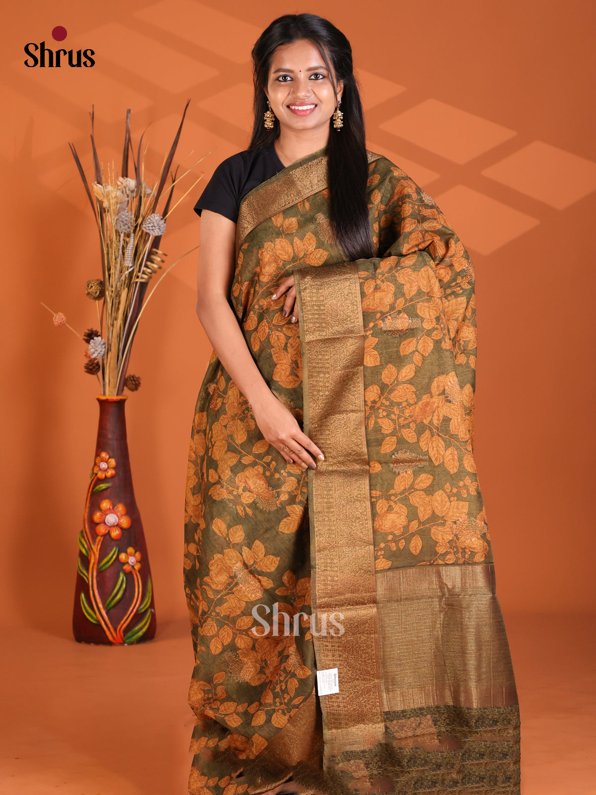 Mehandi Green & Orange - Semi Linen printed Saree