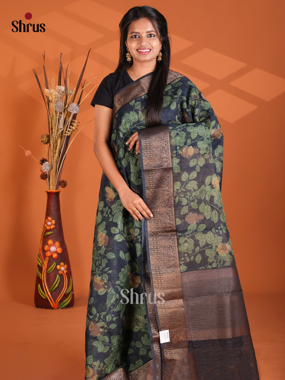 Blue & Green - Semi Linen printed Saree