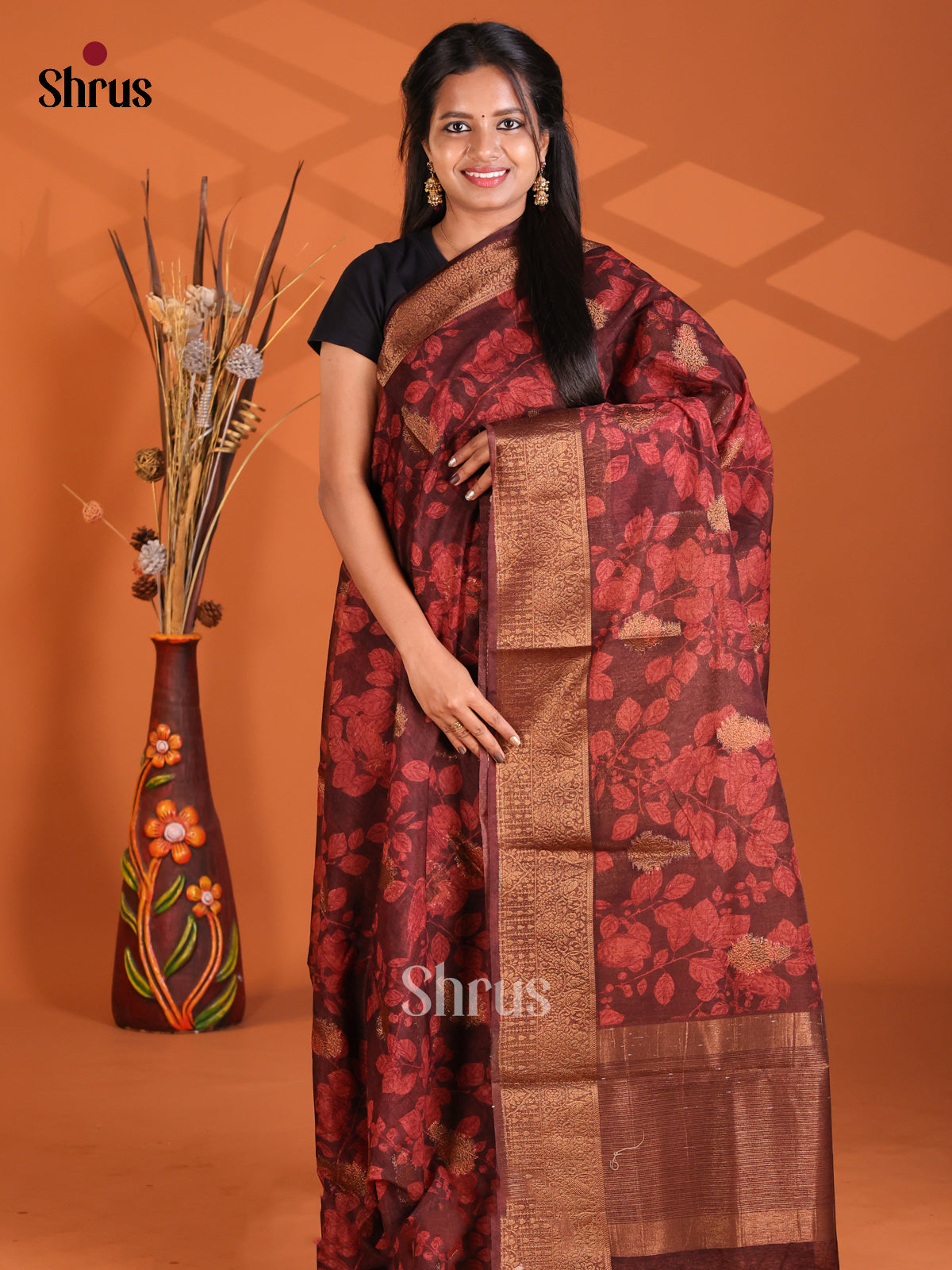Brown - Semi Linen printed Saree