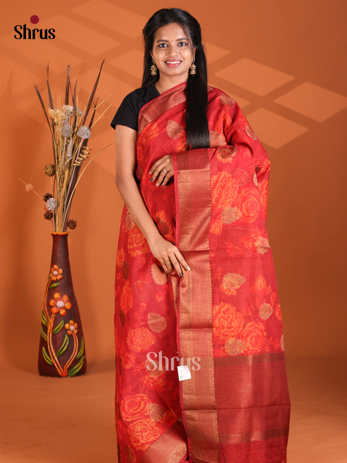 Red - Semi Linen printed Saree