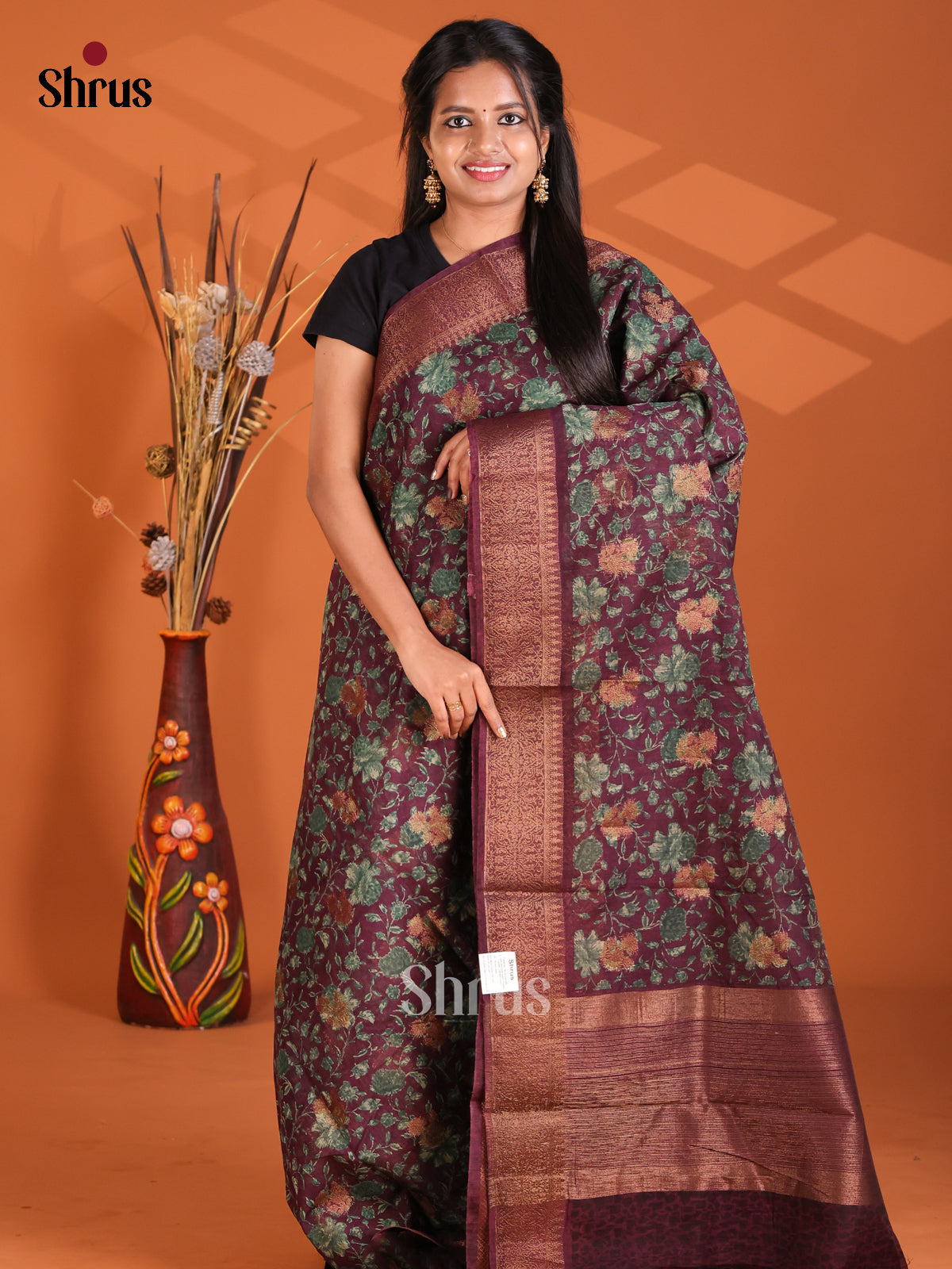 Purple - Semi Linen printed Saree