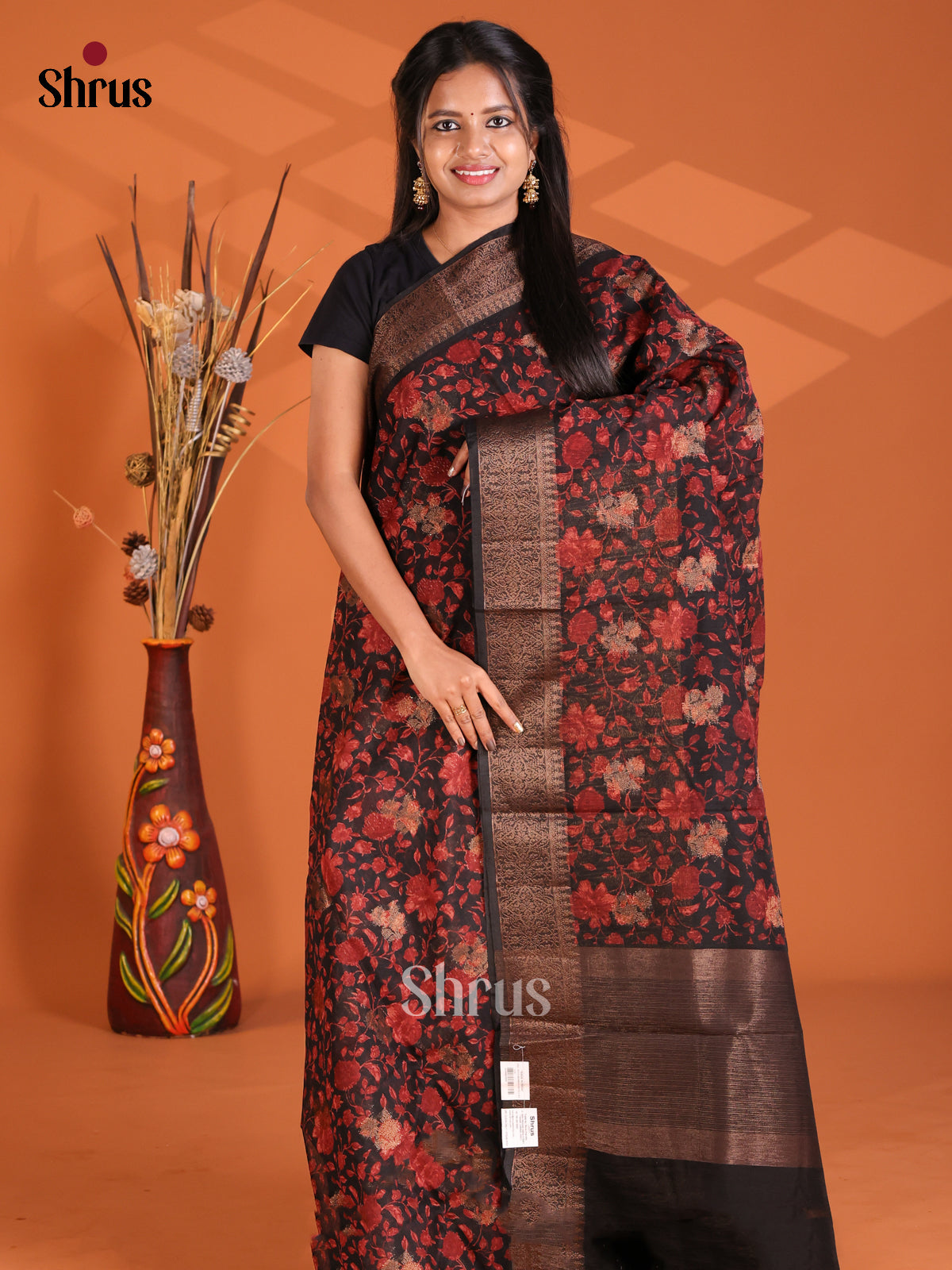 Black & Red -Semi Linen printed Saree