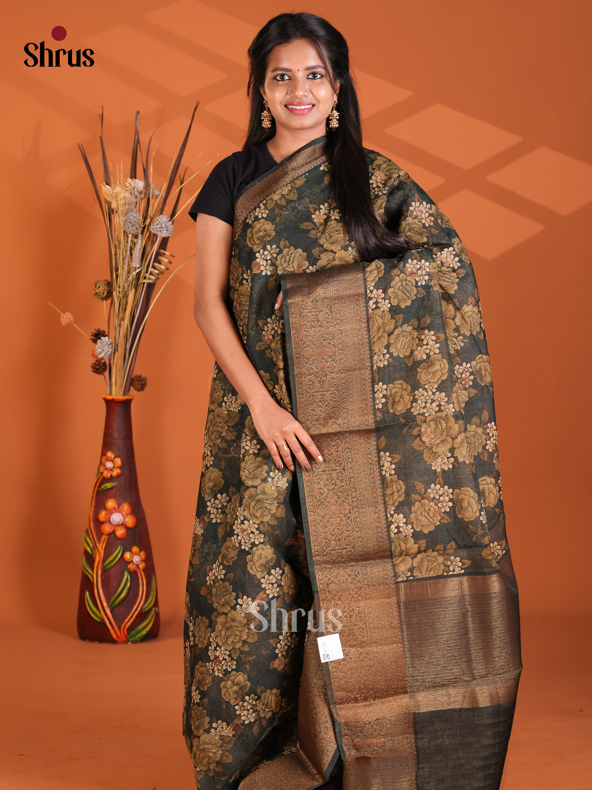 Dark Green - Semi Linen Printed Saree