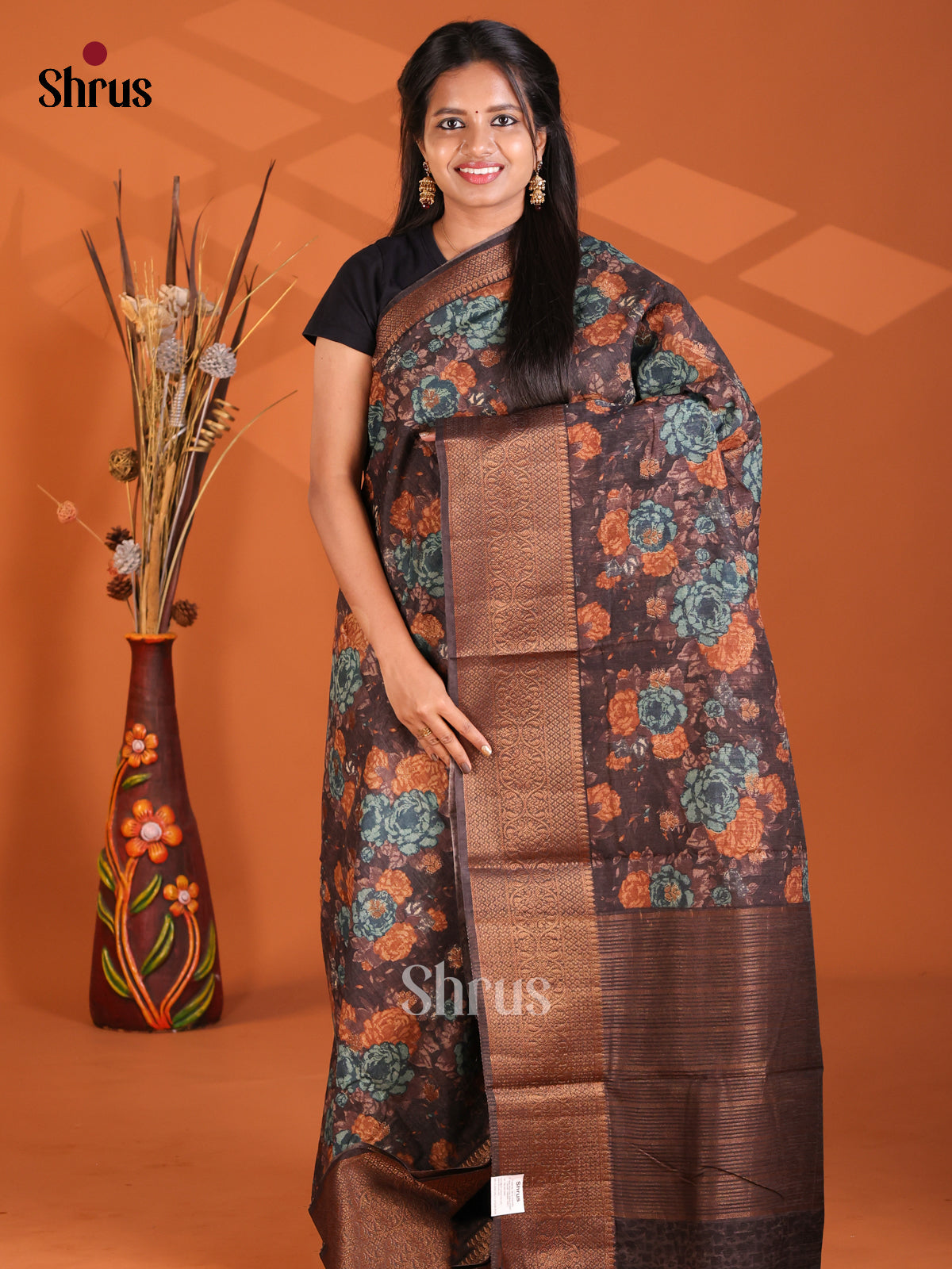 Dark Brown -Semi Linen printed Saree