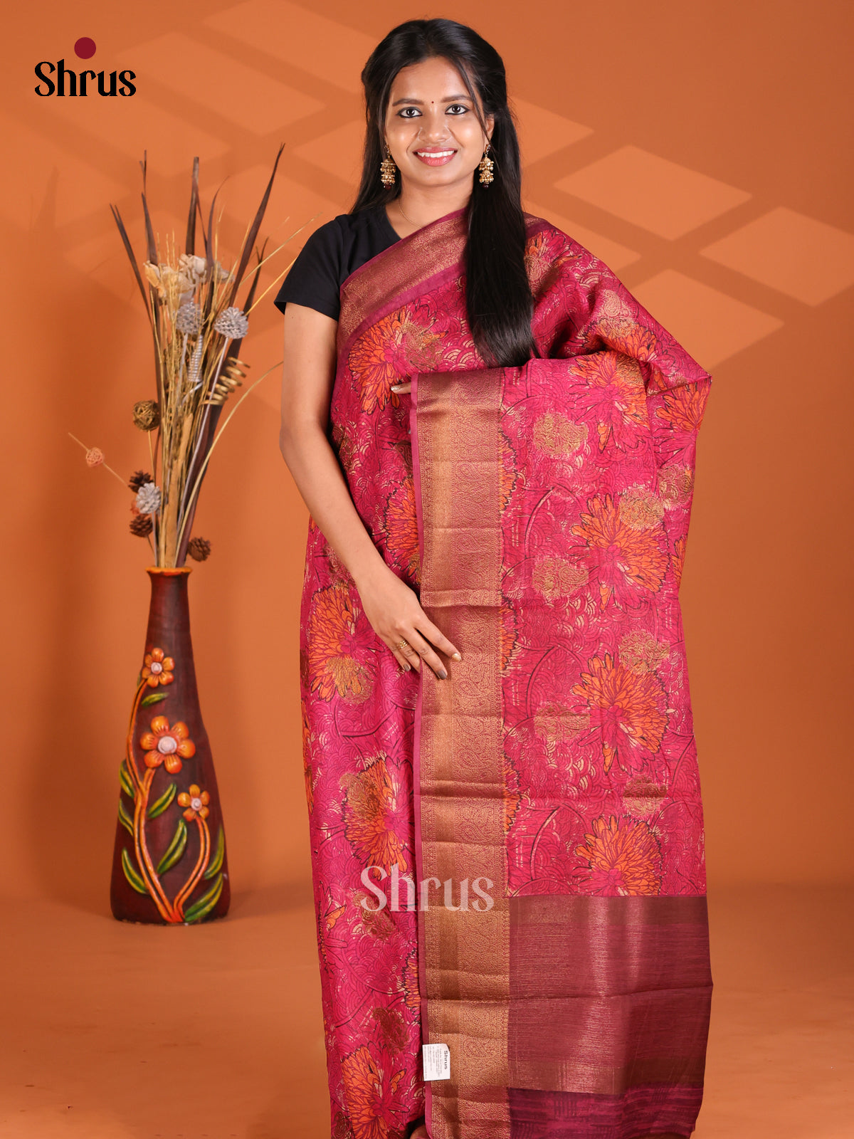 Pink & Maroon -Semi Linen printed Saree