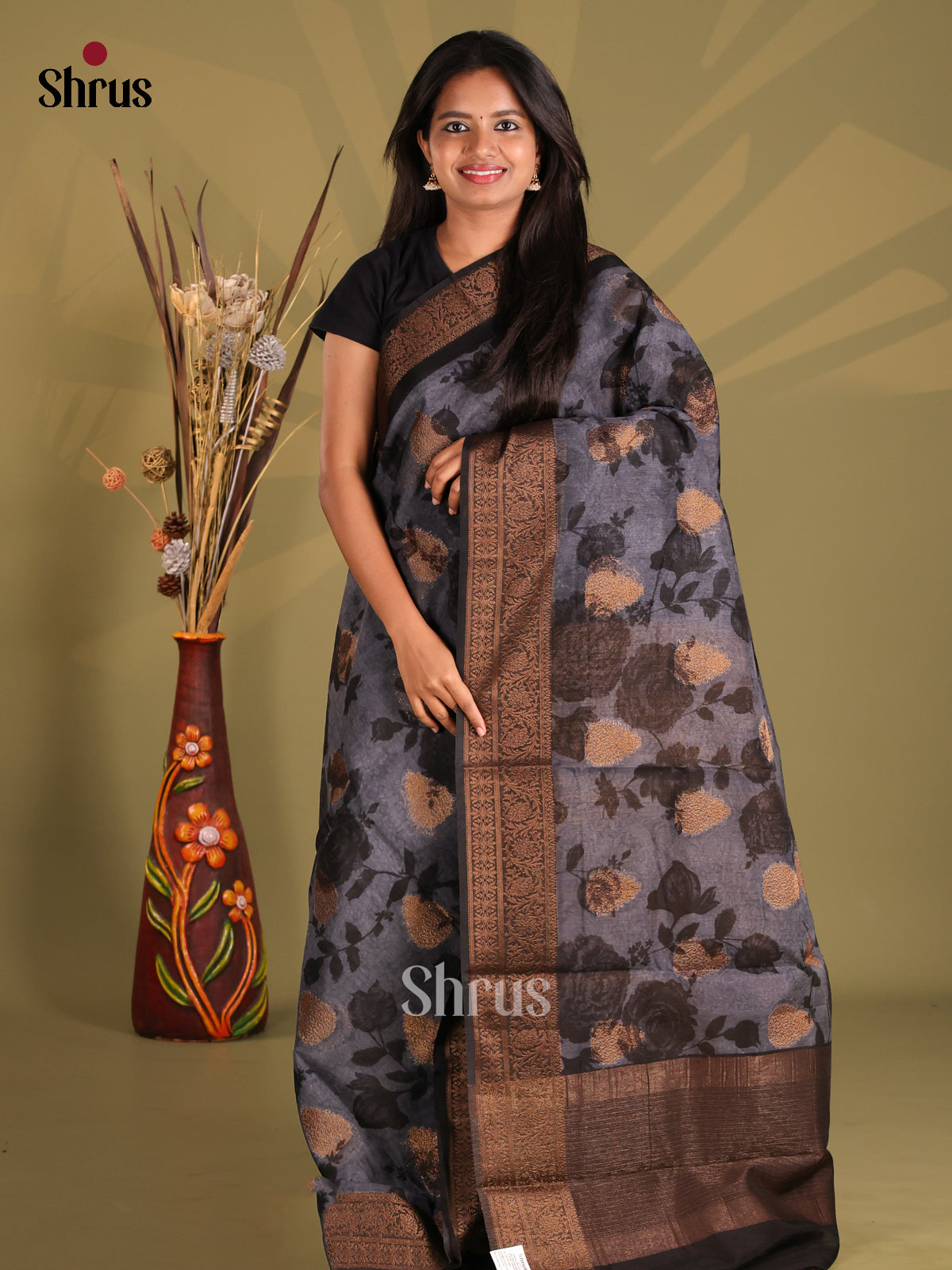 Grey & Black - Semi Linen printed Saree
