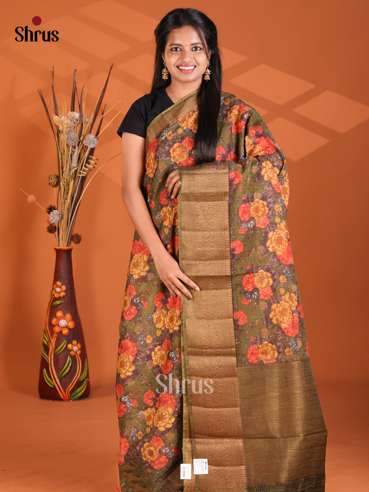 Mehandi Green - Semi Linen printed Saree