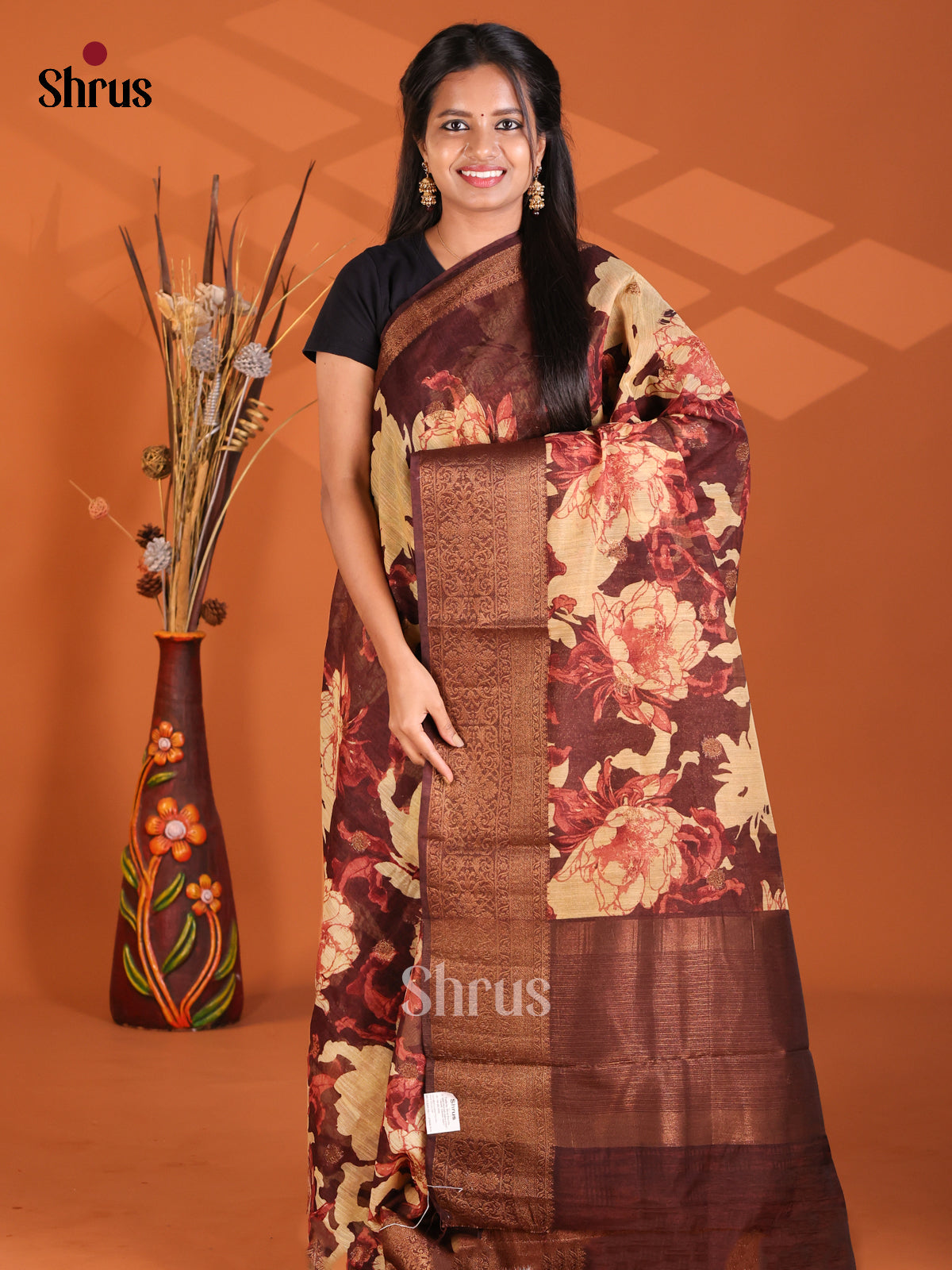 Brown - Semi Linen prinetd Saree