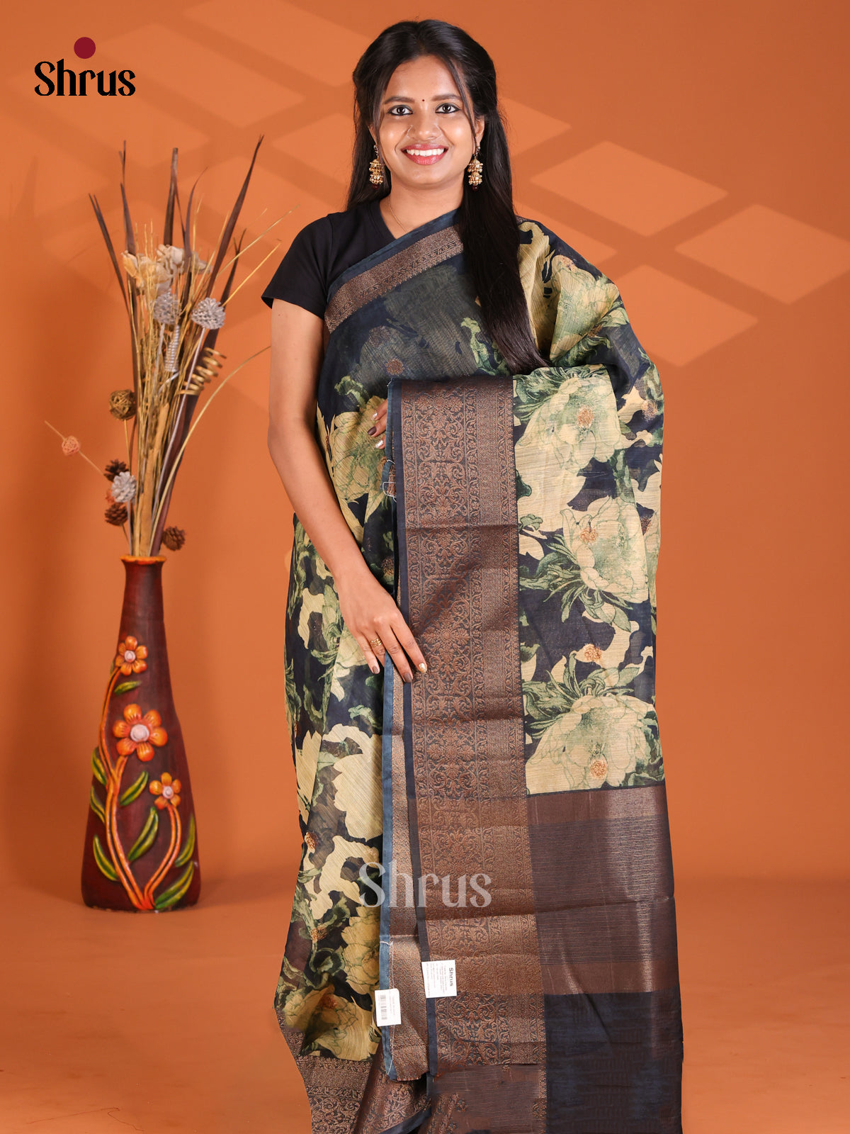 Black - Semi Linen printed Saree