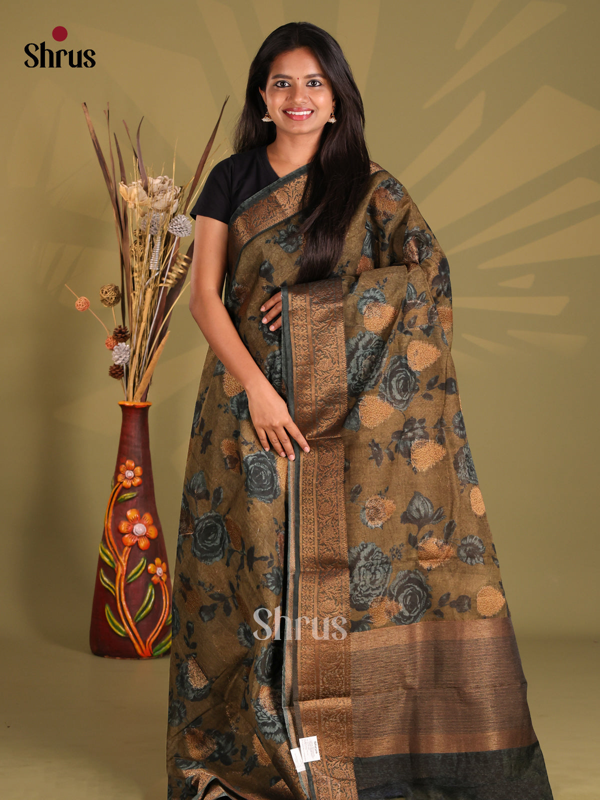 Brown & Black- Semi Linen printed Saree