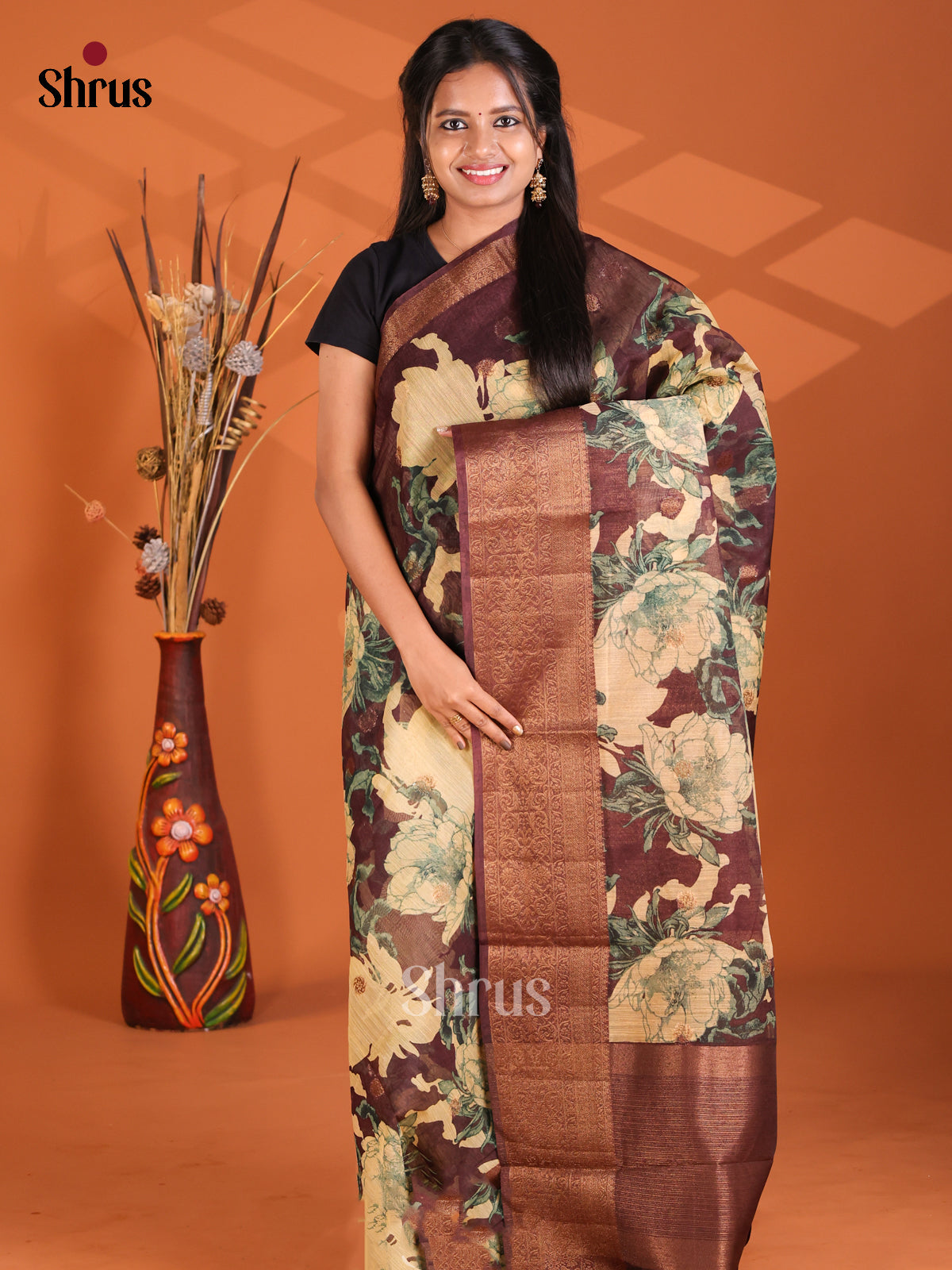 Brown -Semi Linen printed Saree
