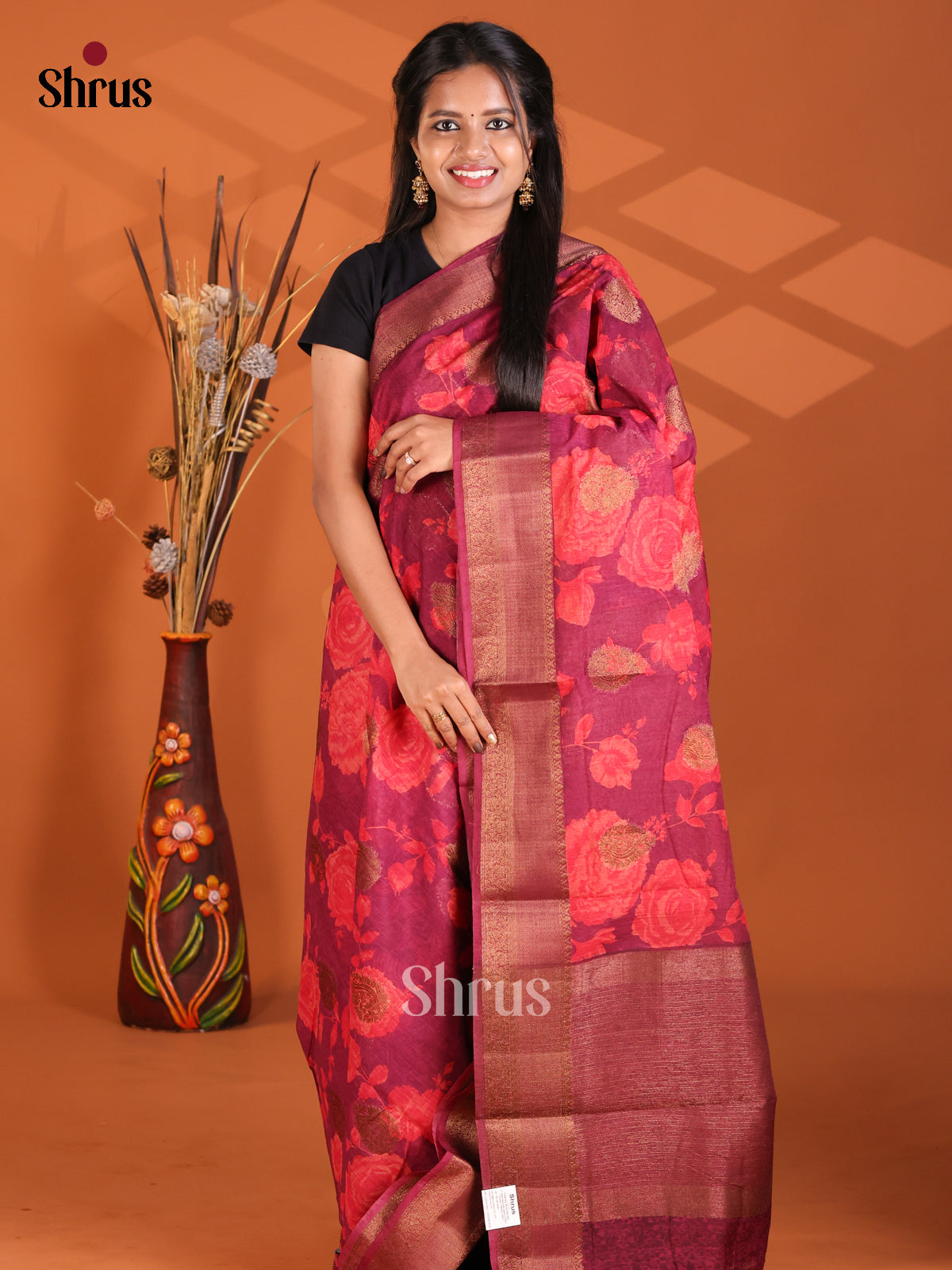 Maroon -Semi Linen printed Saree