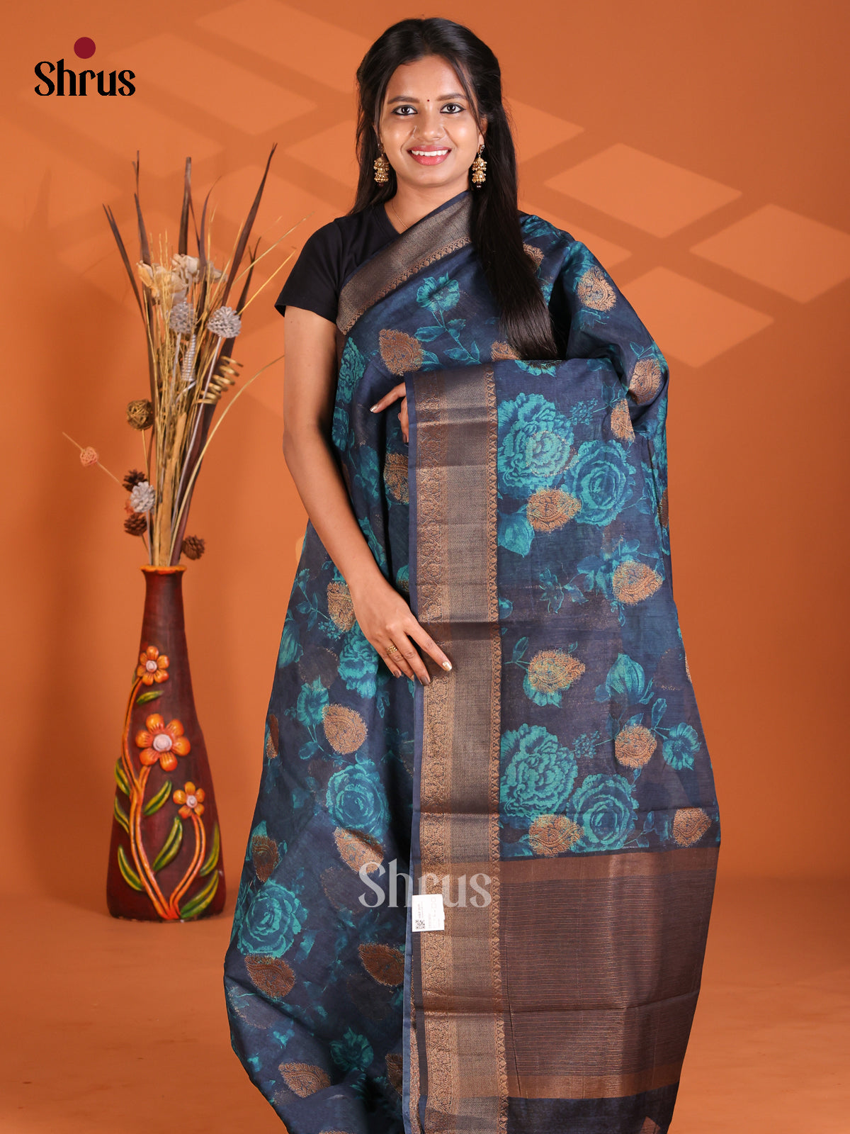 Blue -Semi Linen printed Saree
