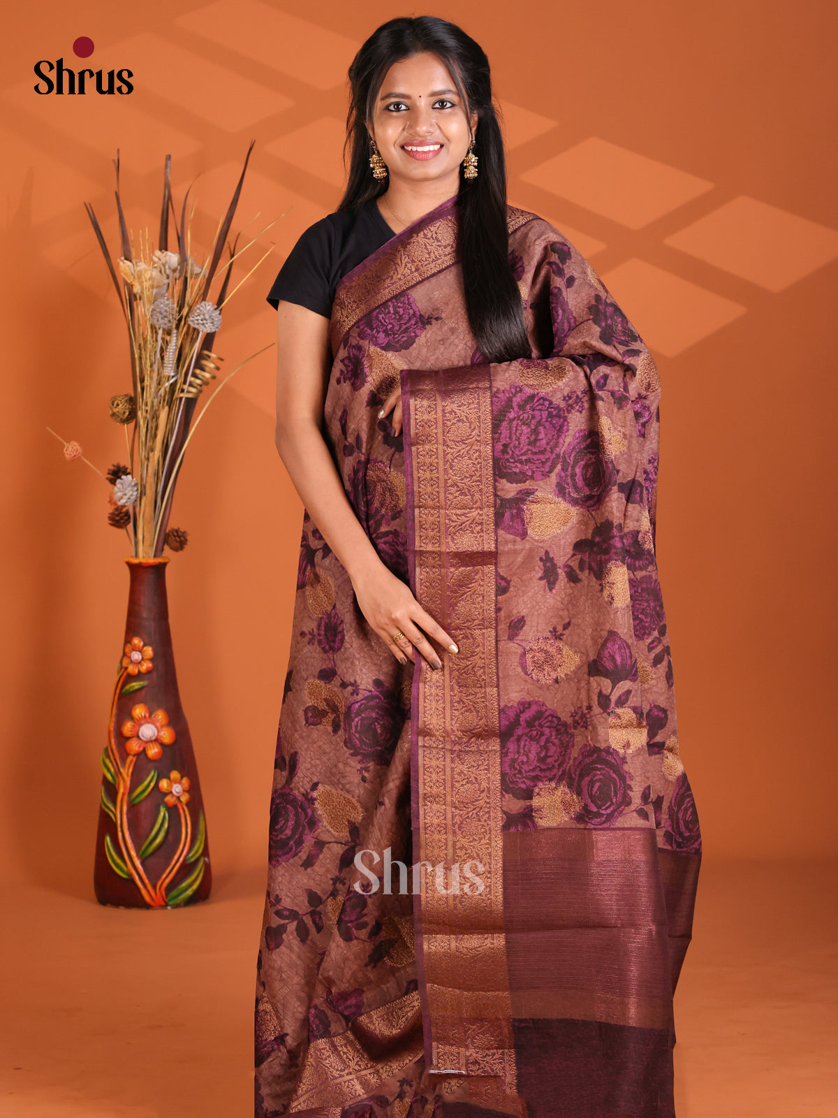 Brown & Purple - Semi Linen printed Saree