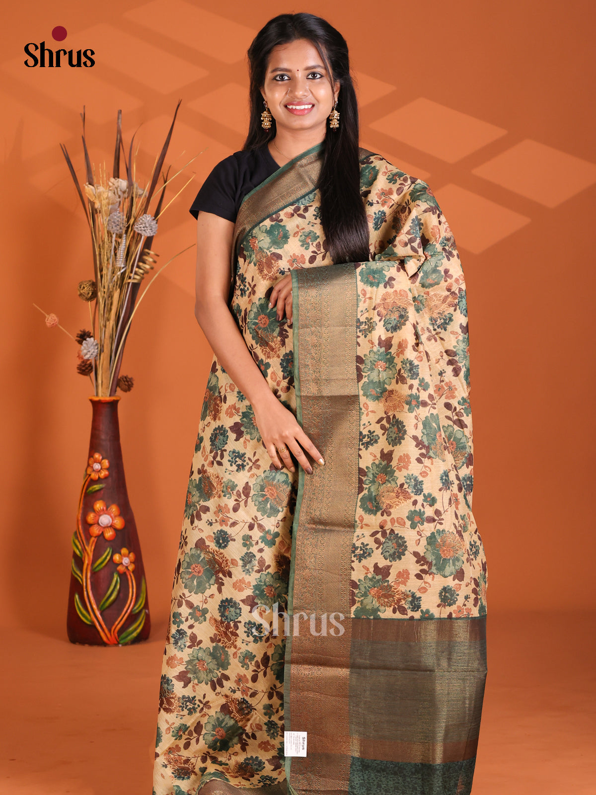 Cream & Green -Semi Linen printed Saree