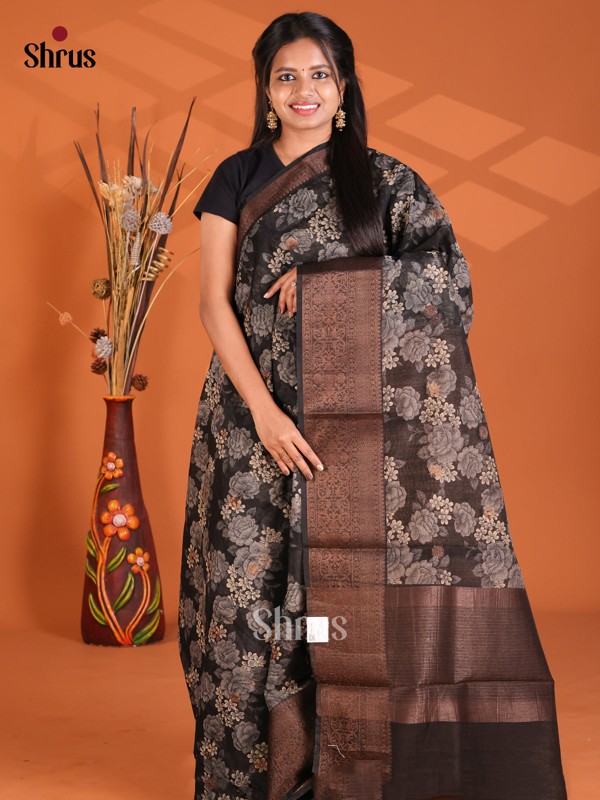 Black - Semi Linen printed Saree