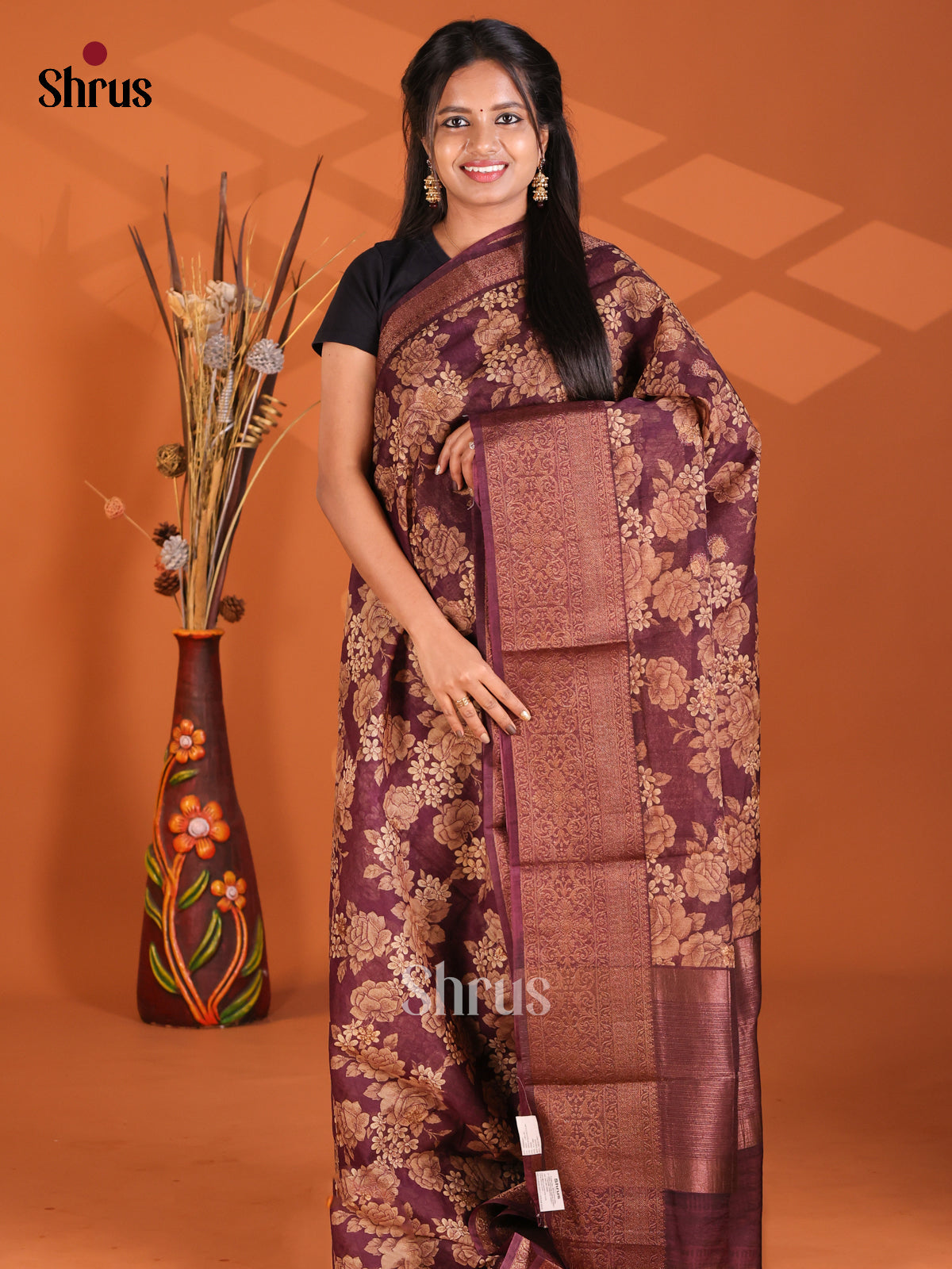 Maroon - Semi Linen printed Saree