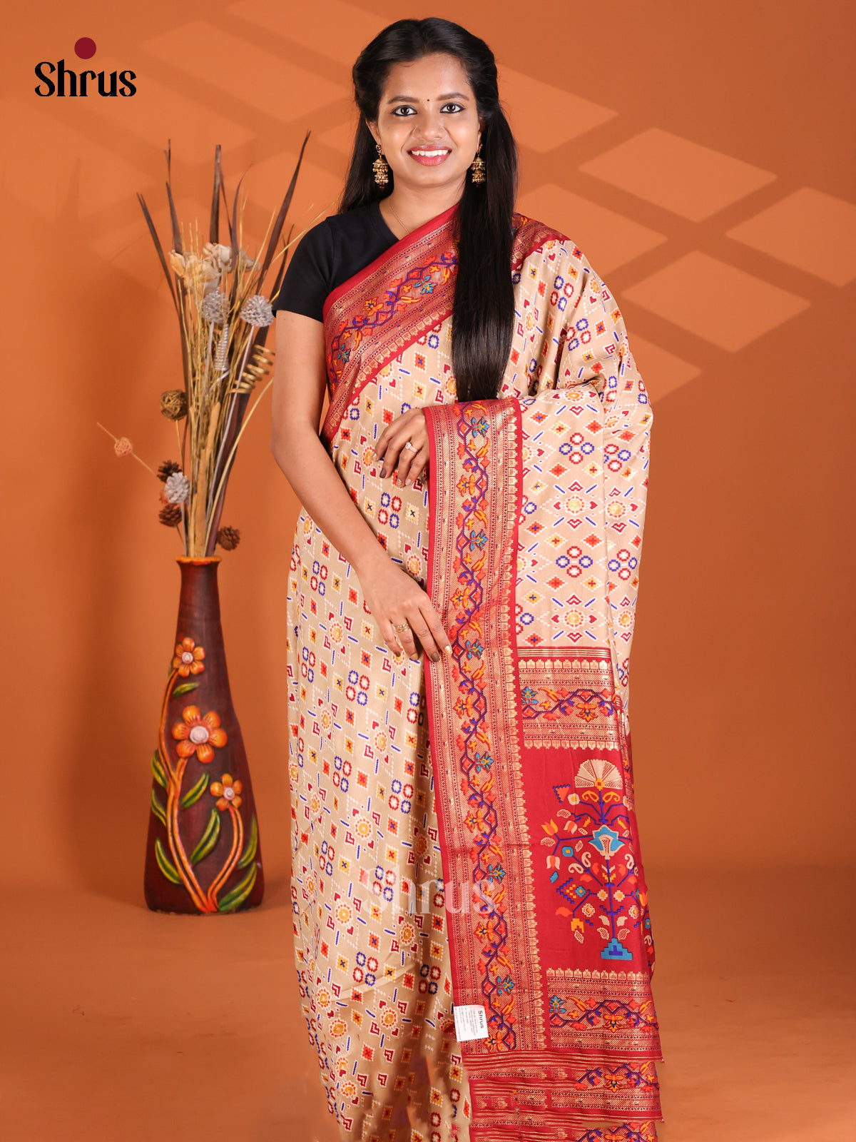 Cream & Red - Semi Ikkat Print Saree - Shop on Shrus.com