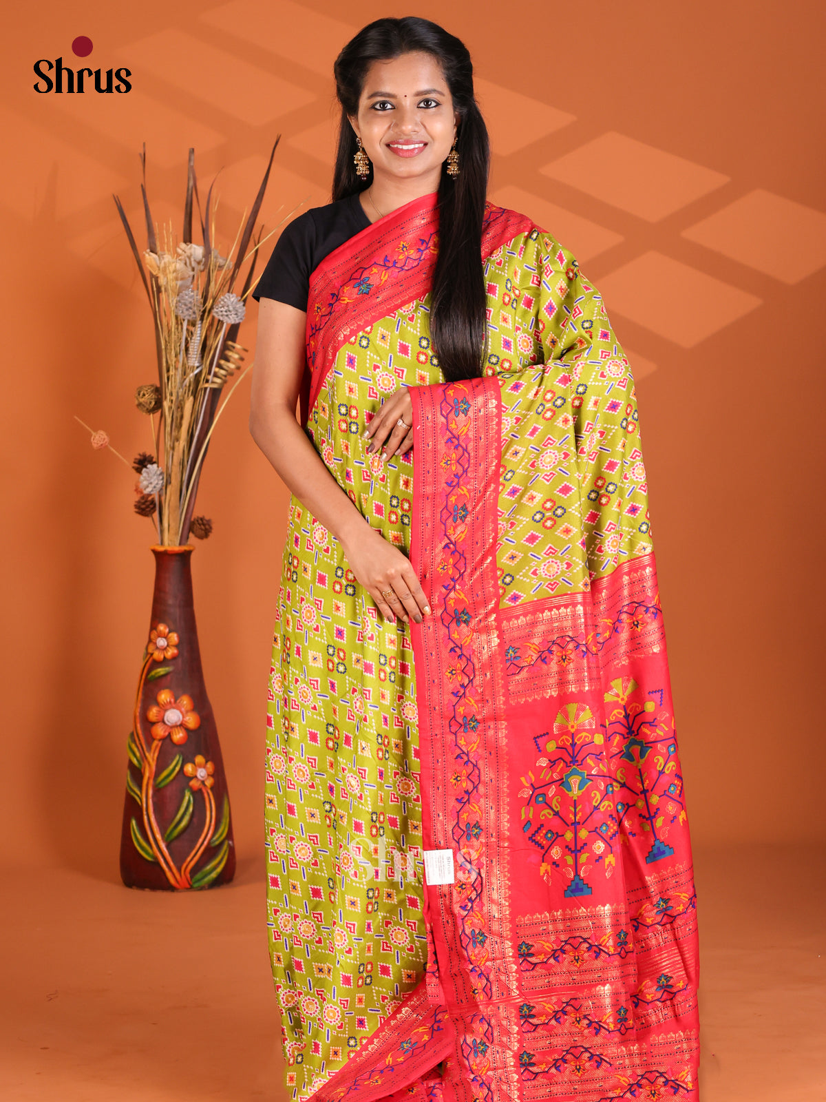 Lime Green & Red - Semi Ikkat Print Saree - Shop on Shrus.com