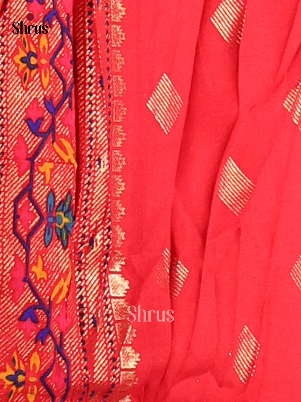 Lime Green & Red - Semi Ikkat Print Saree - Shop on Shrus.com