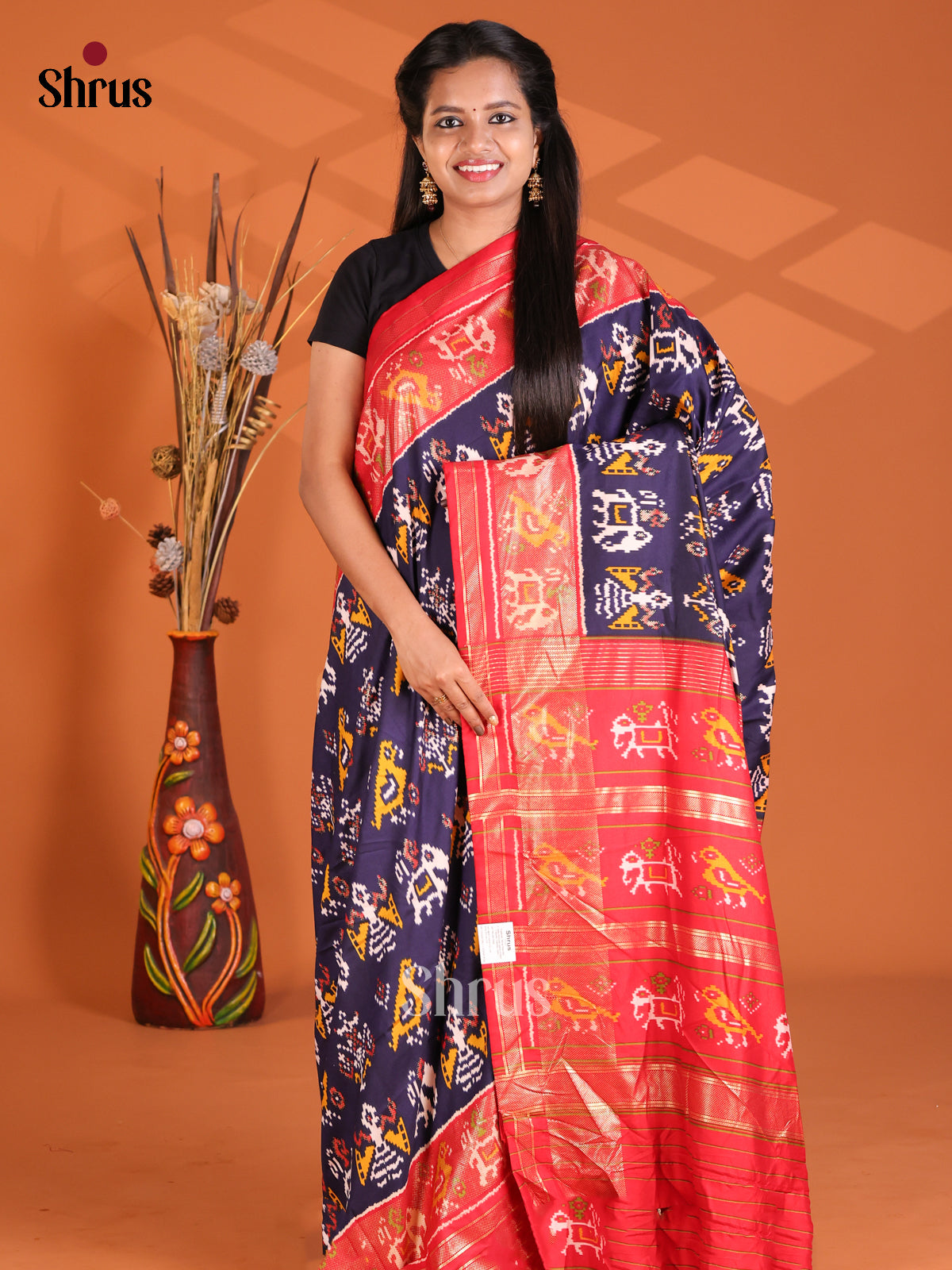 Violet & Red- Semi Ikkat Print Saree - Shop on Shrus.com