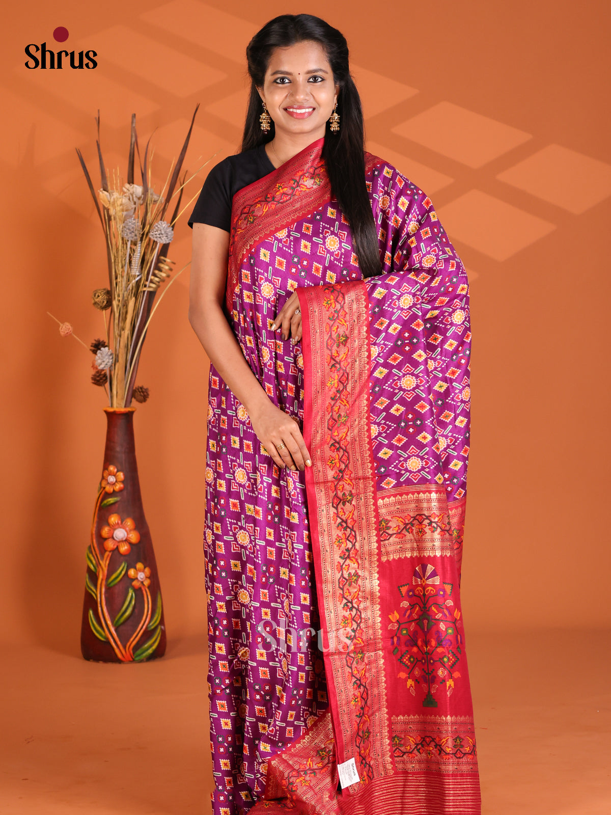 Purple & Red - Semi Ikkat Print Saree - Shop on Shrus.com