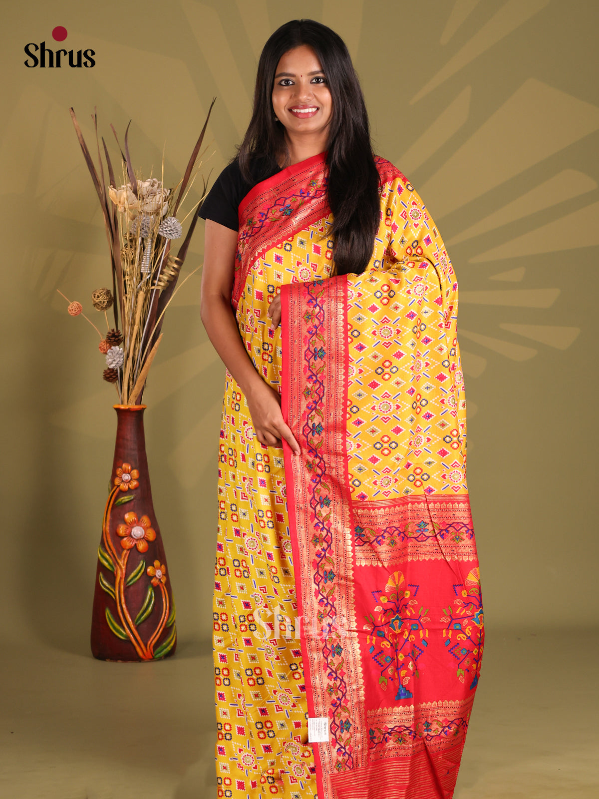 Yellow & Red - Semi Ikkat Print Saree - Shop on Shrus.com