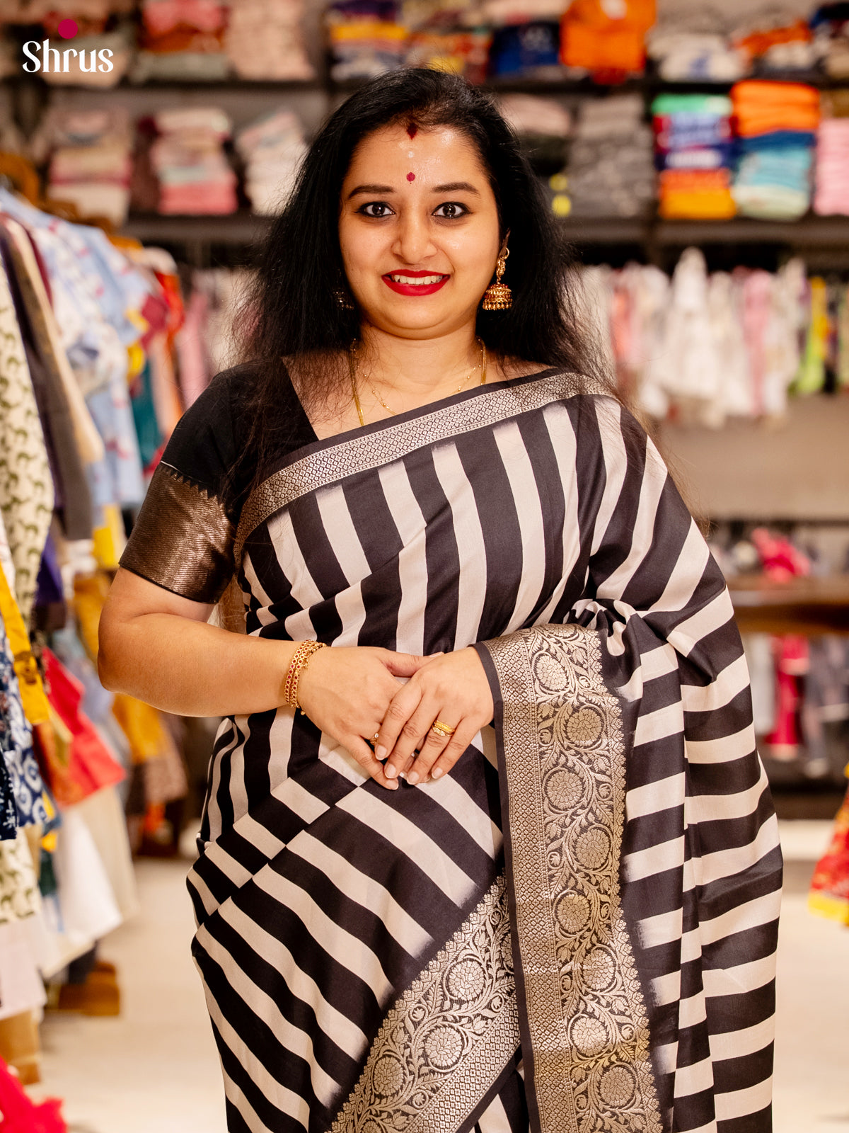 Cream & Black - Semi Modal Saree